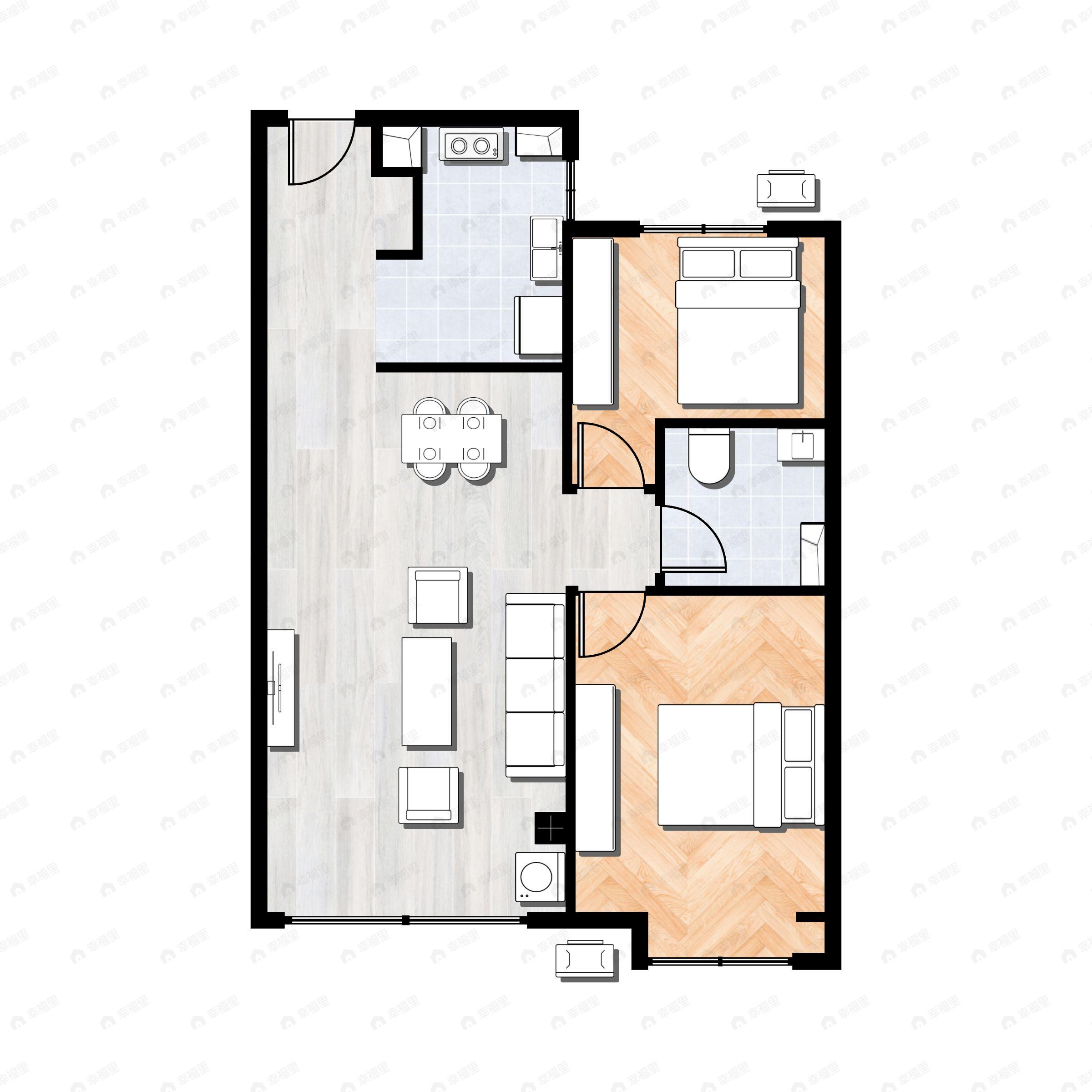 2室2厅1卫建面75m²南户型图