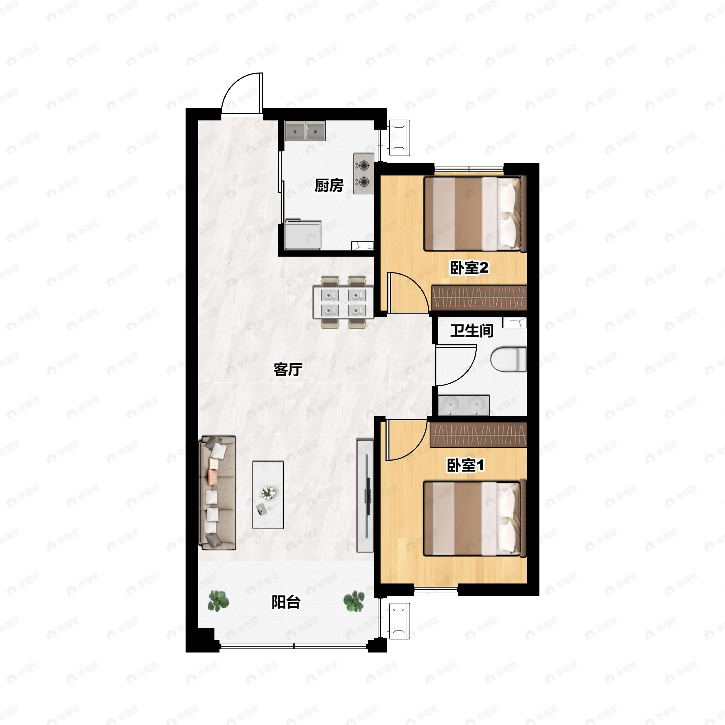 2室2厅1卫建面87m²南|北户型图