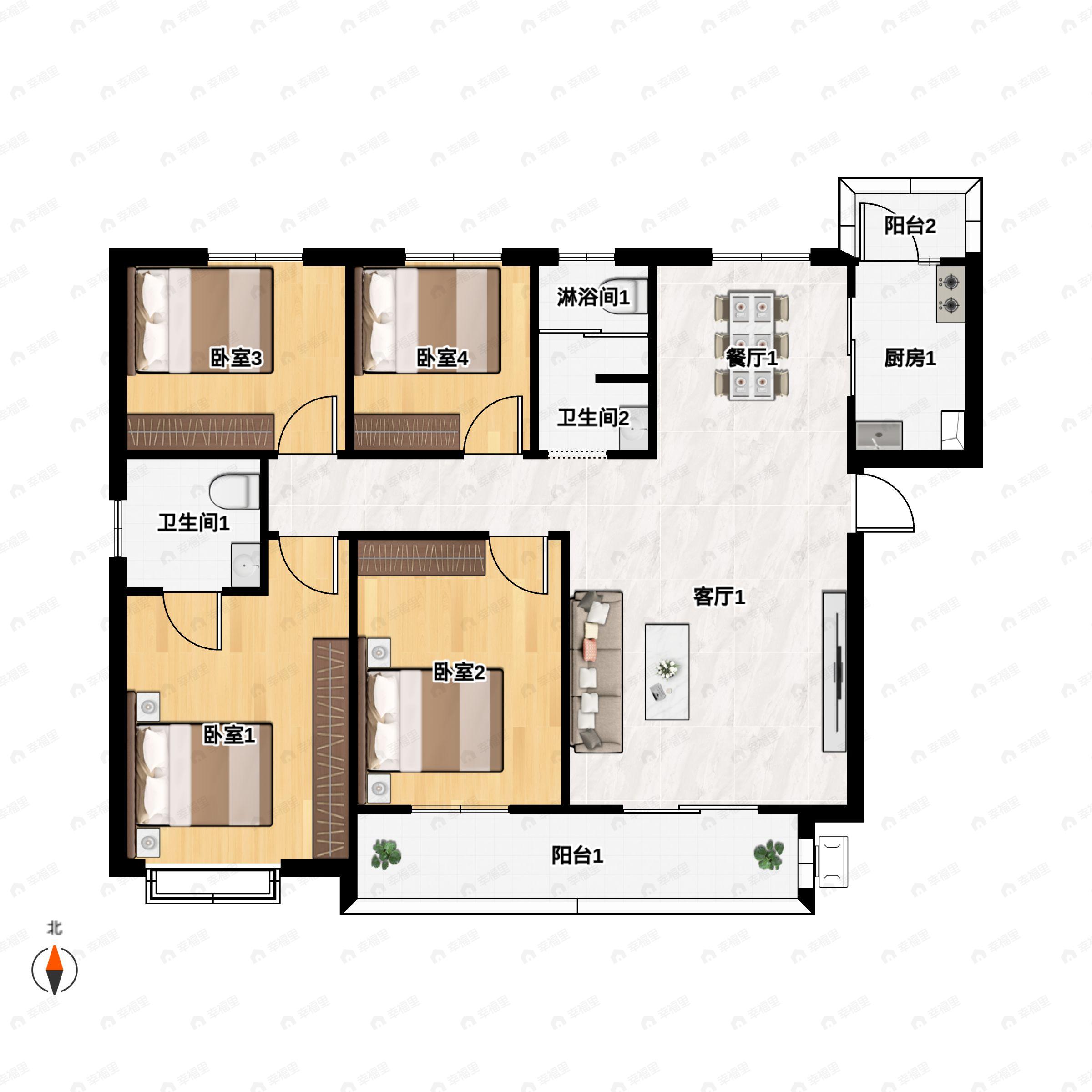 4室2厅2卫建面147平南户型图