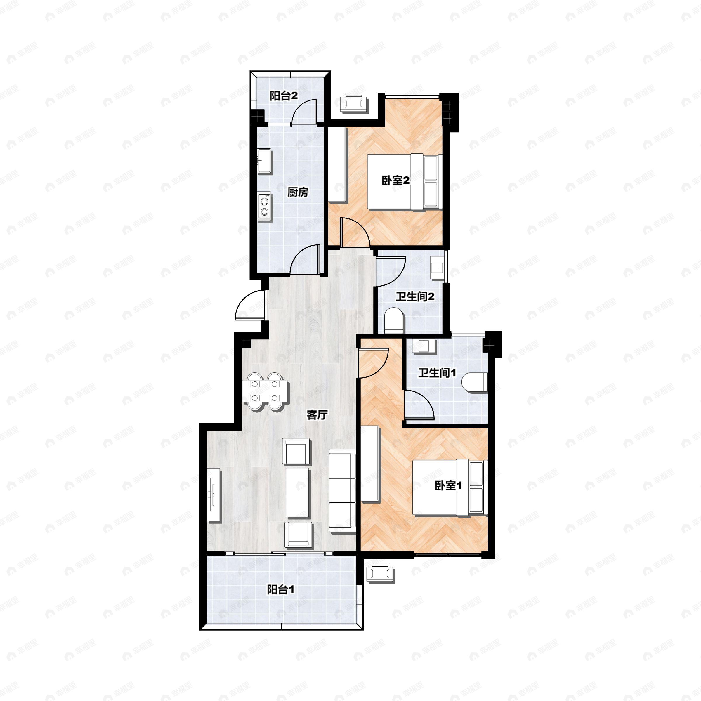 2室2厅2卫建面81平西南户型图