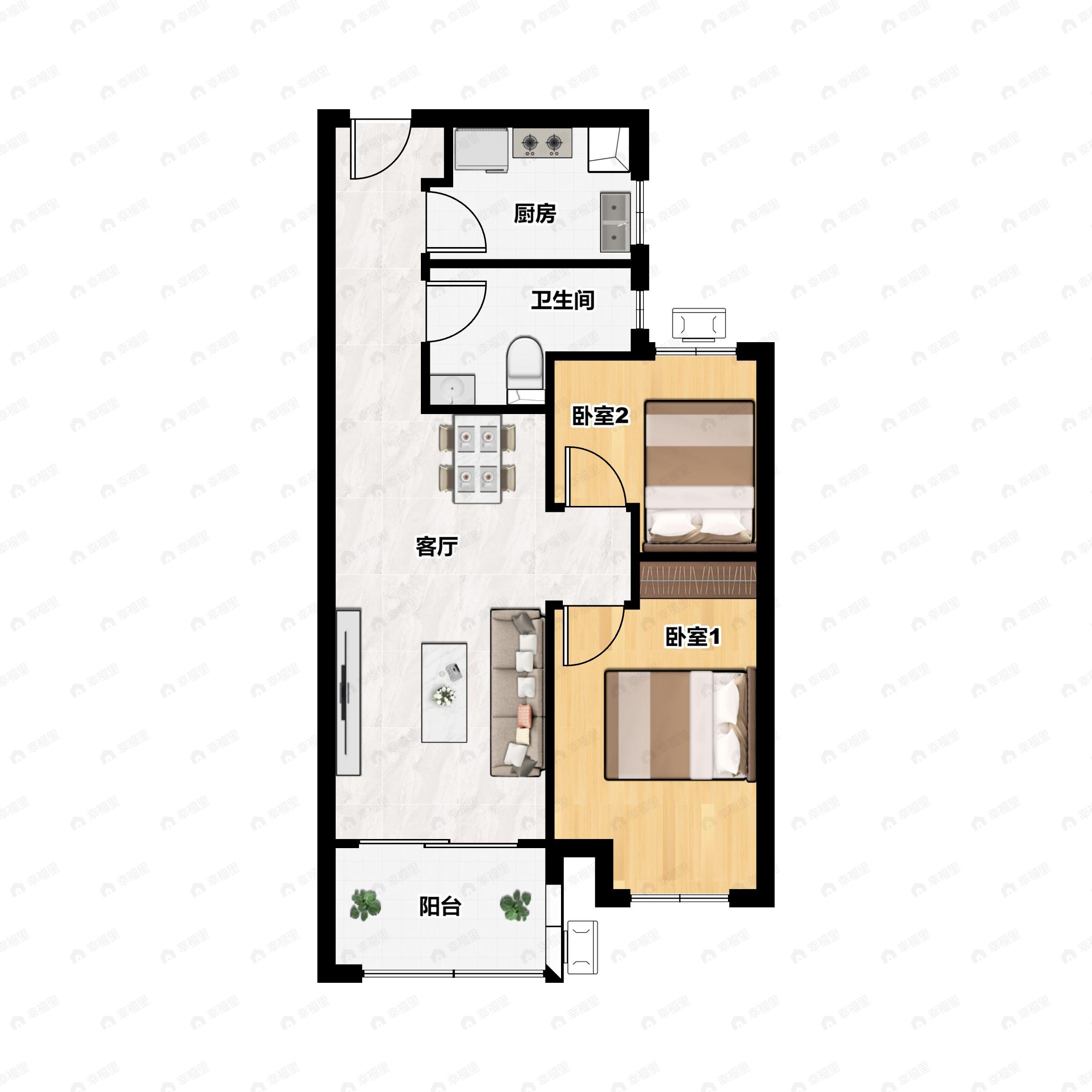 2室2厅1卫建面70m²南户型图