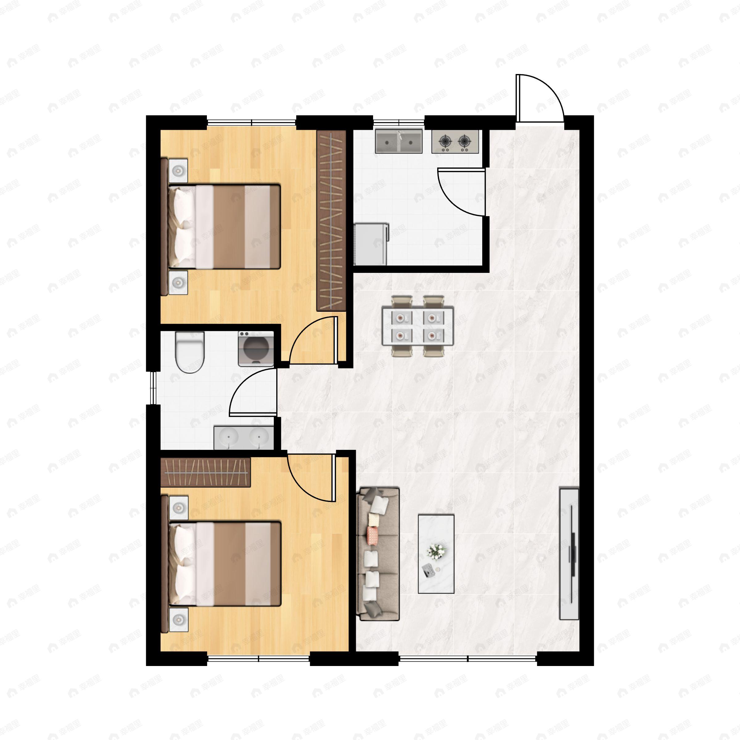 2室2厅1卫建面100m²南|北户型图