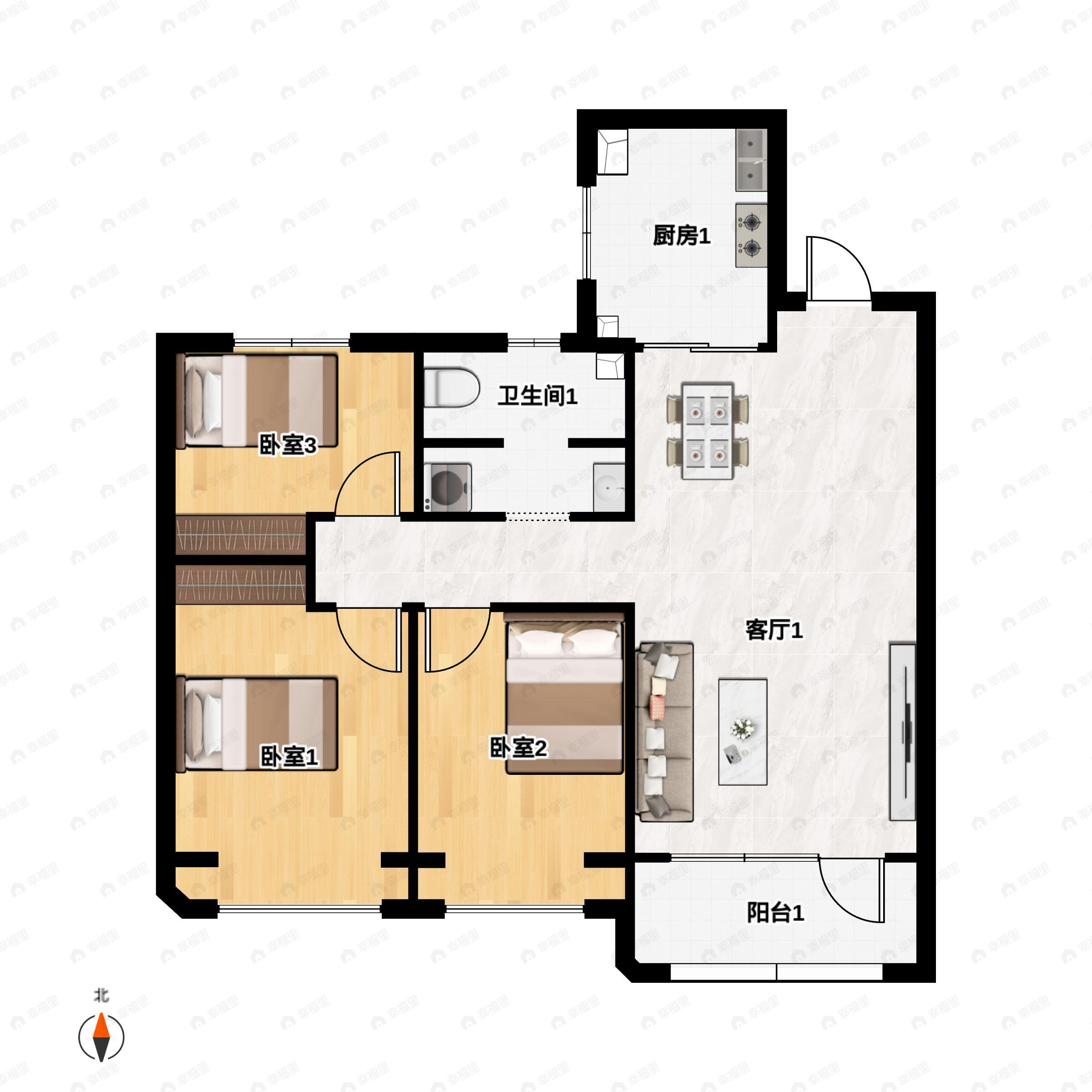 3室2厅1卫建面106平户型图