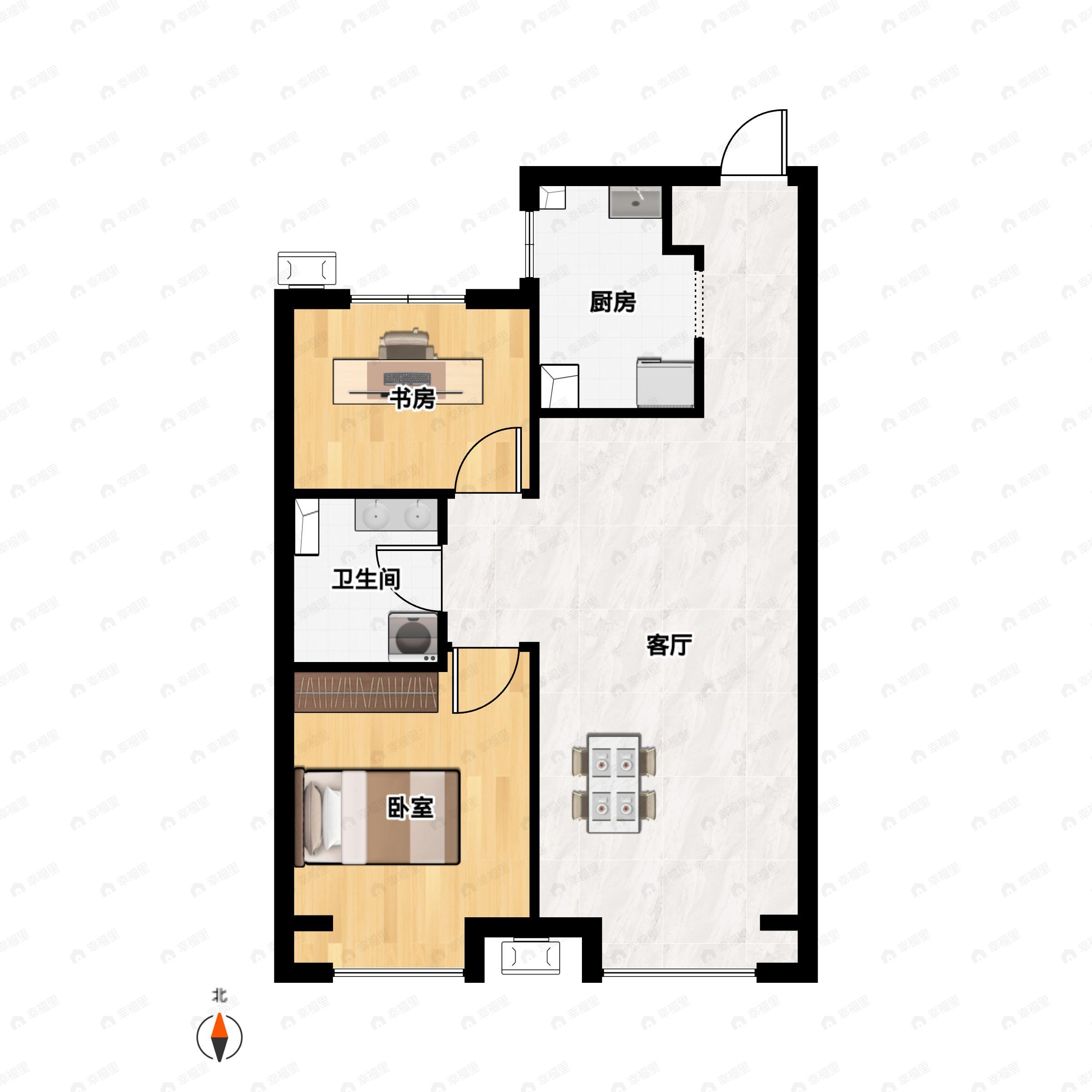 2室2厅1卫建面82m²南户型图