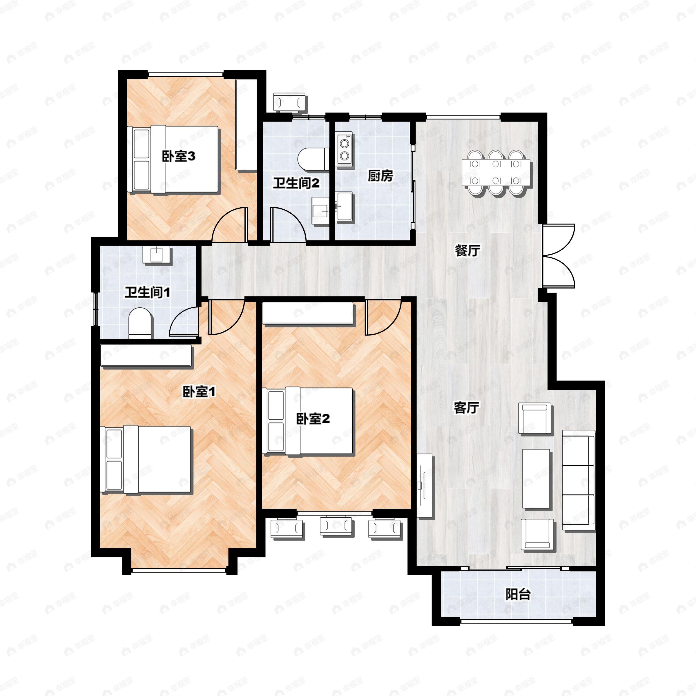 3室2厅2卫建面132平北|南户型图