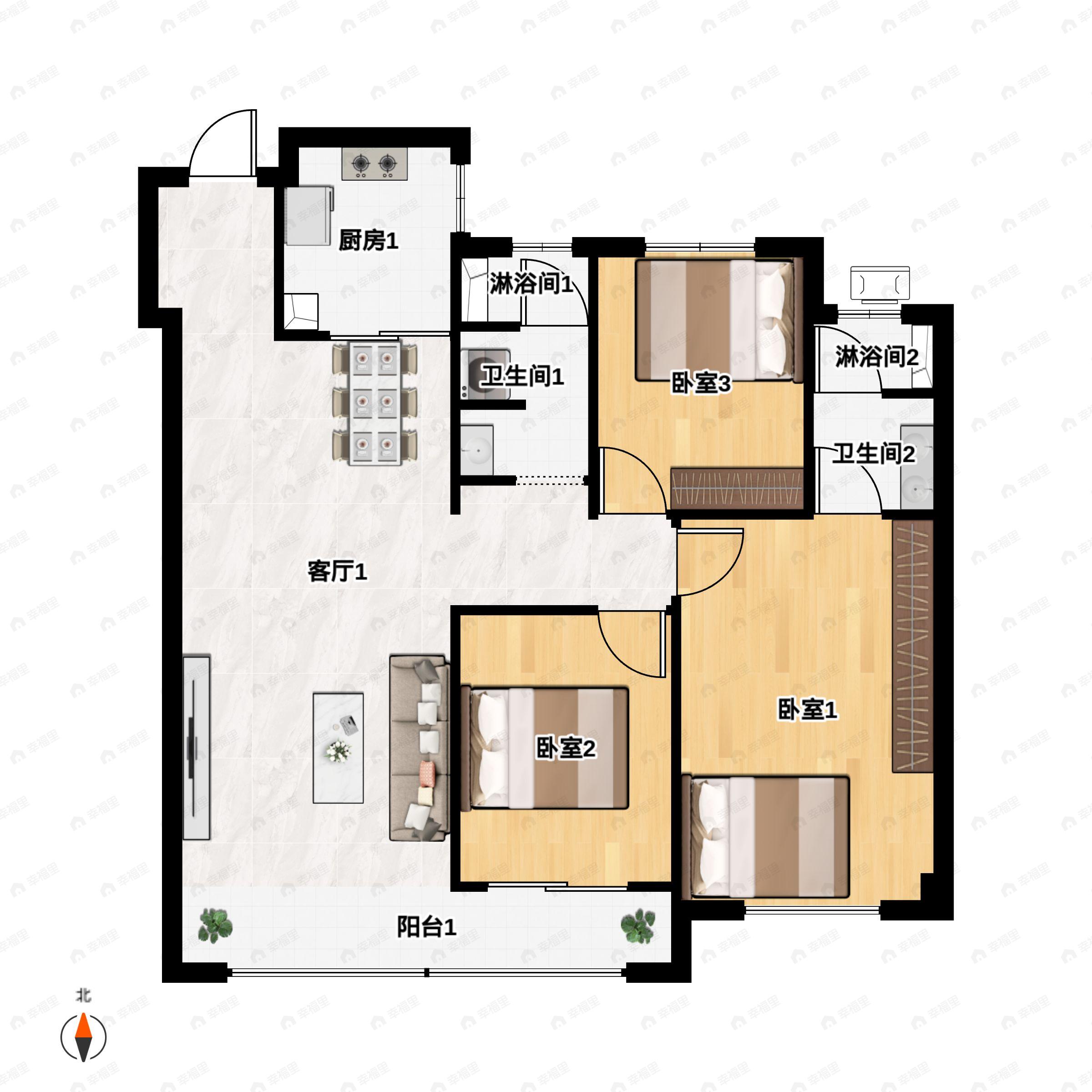 3室2厅2卫建面115平北|南户型图