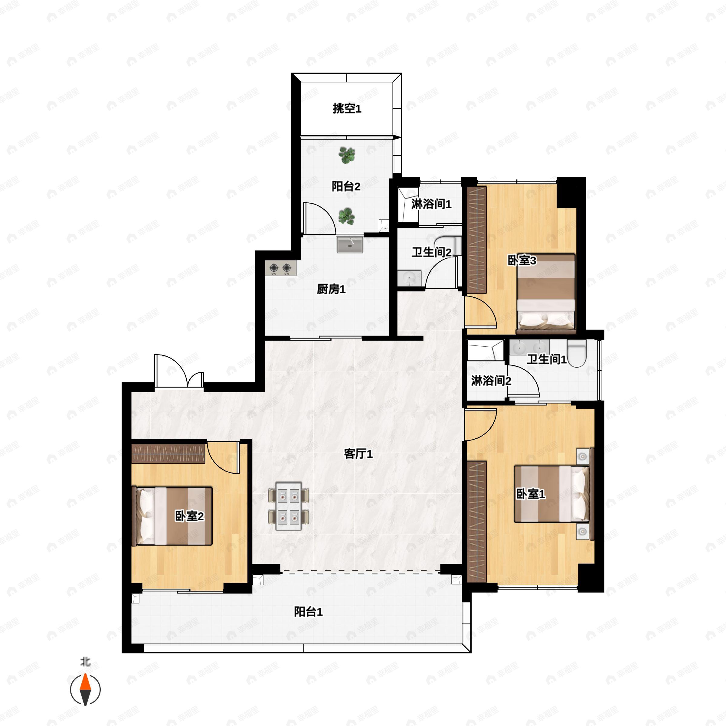 3室2厅2卫建面152m²北|南户型图