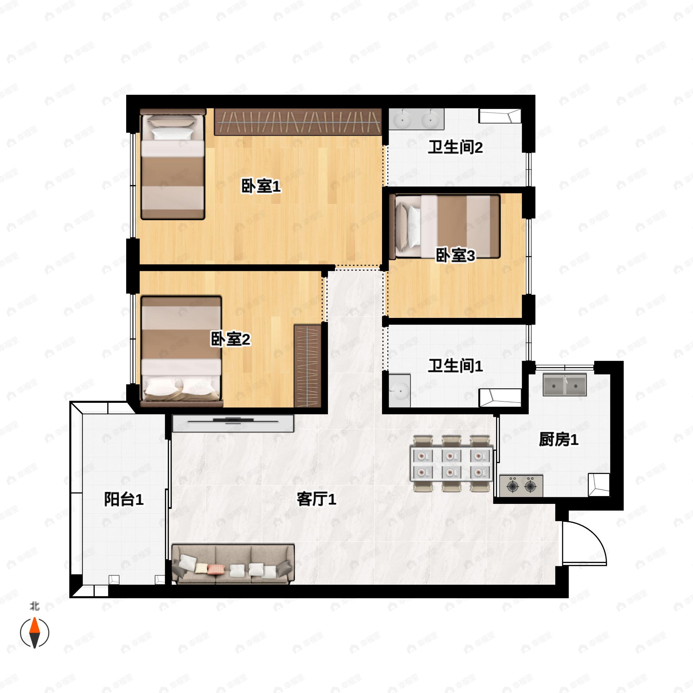 3室2厅2卫建面95平东户型图
