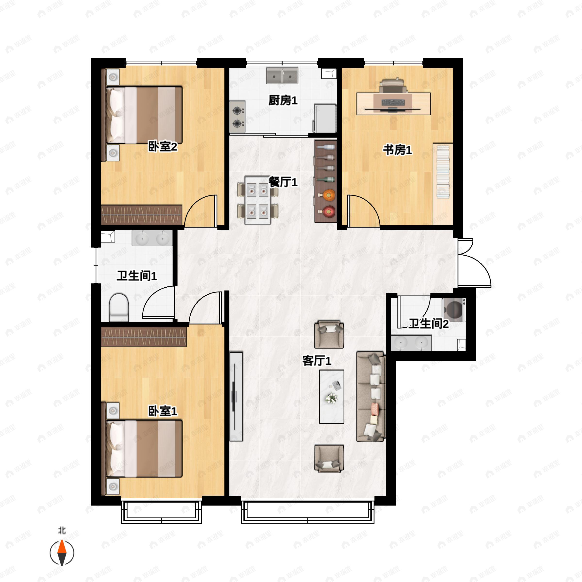 3室2厅2卫建面128平南|北户型图