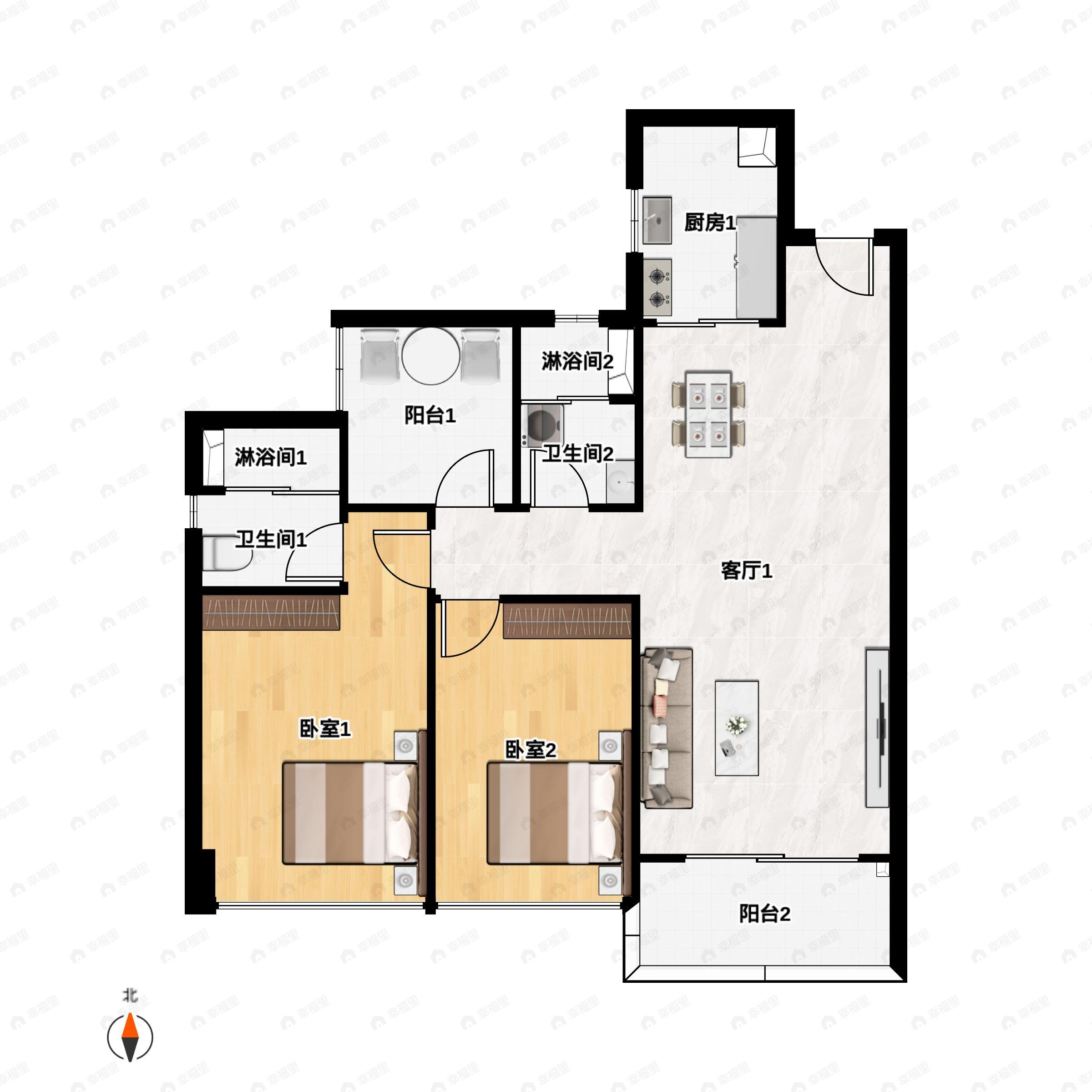 2室2厅2卫建面95m²南户型图