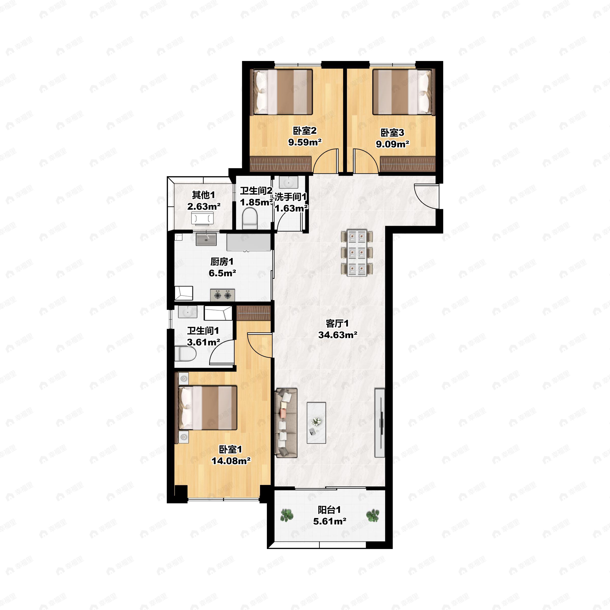 3室2厅2卫建面122平南户型图
