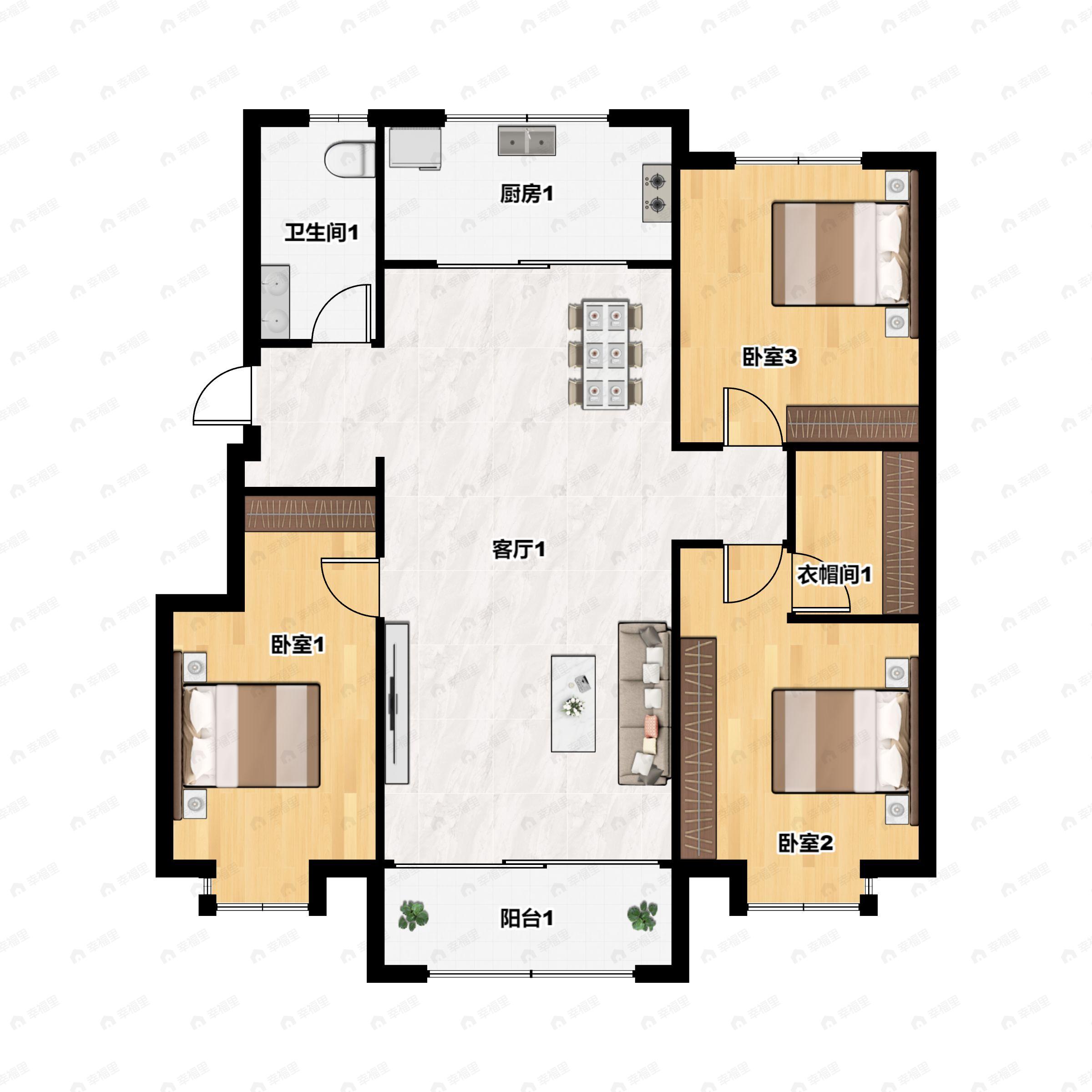 3室2厅1卫建面130m²南户型图