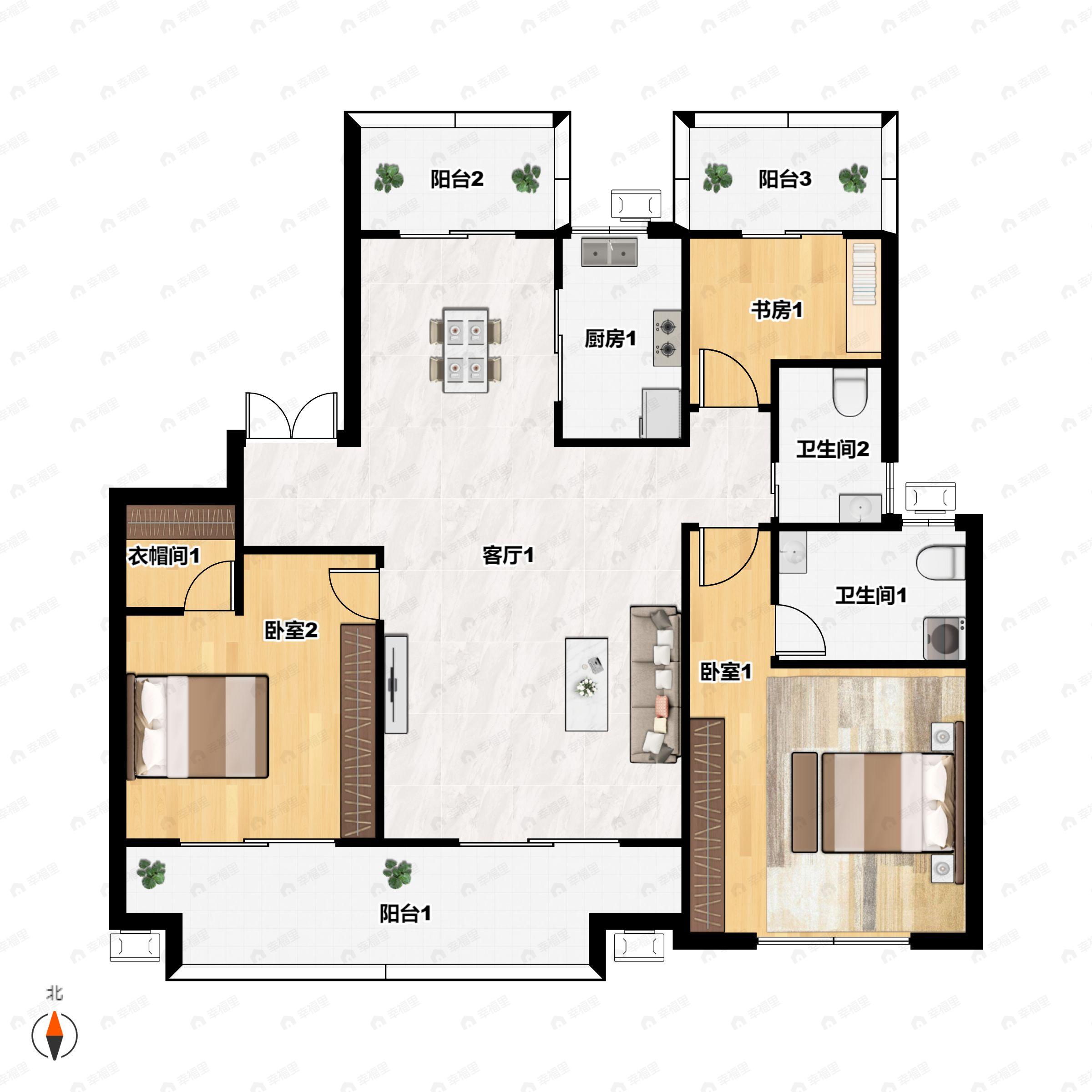 3室2厅2卫建面130m²南户型图