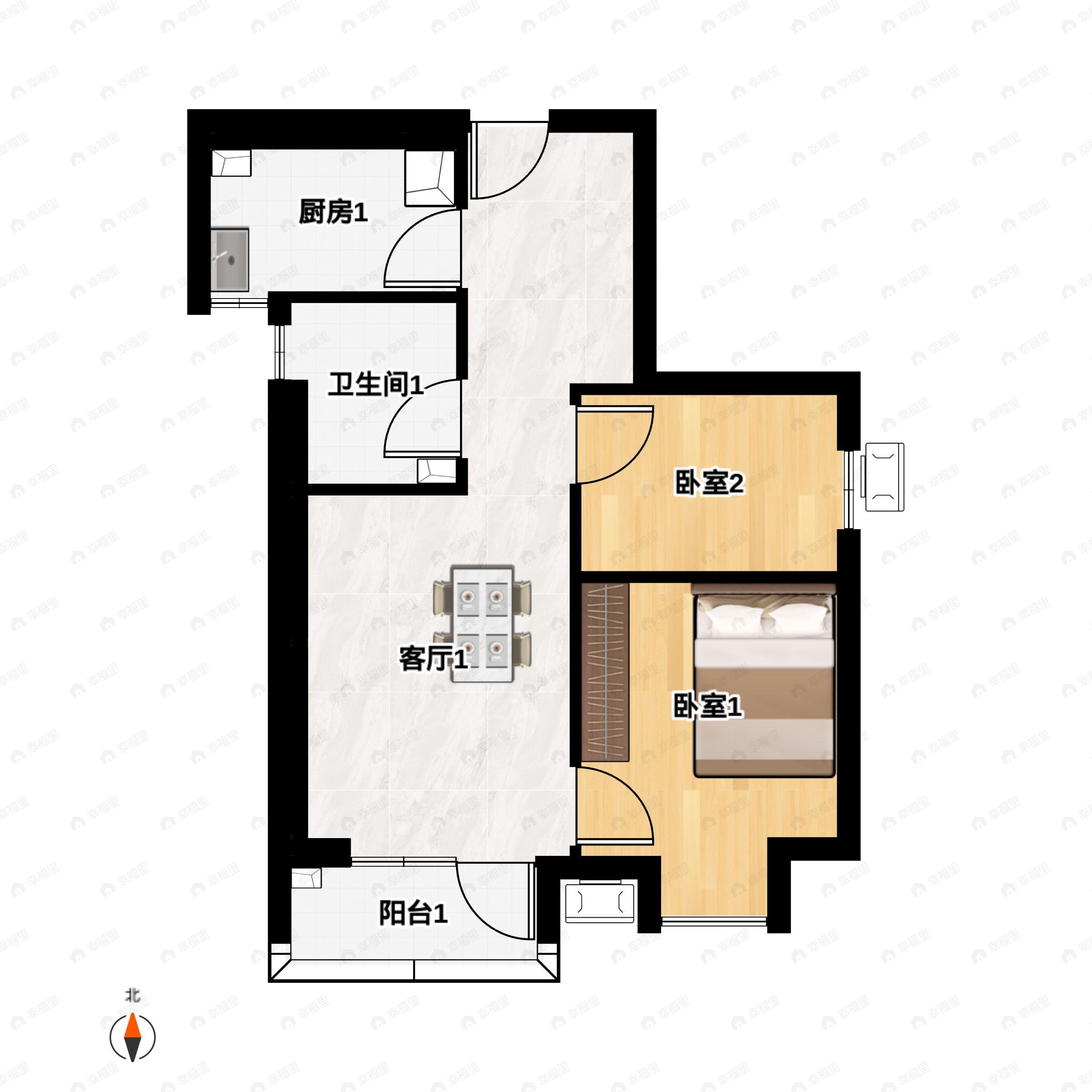 2室2厅1卫建面65m²南户型图