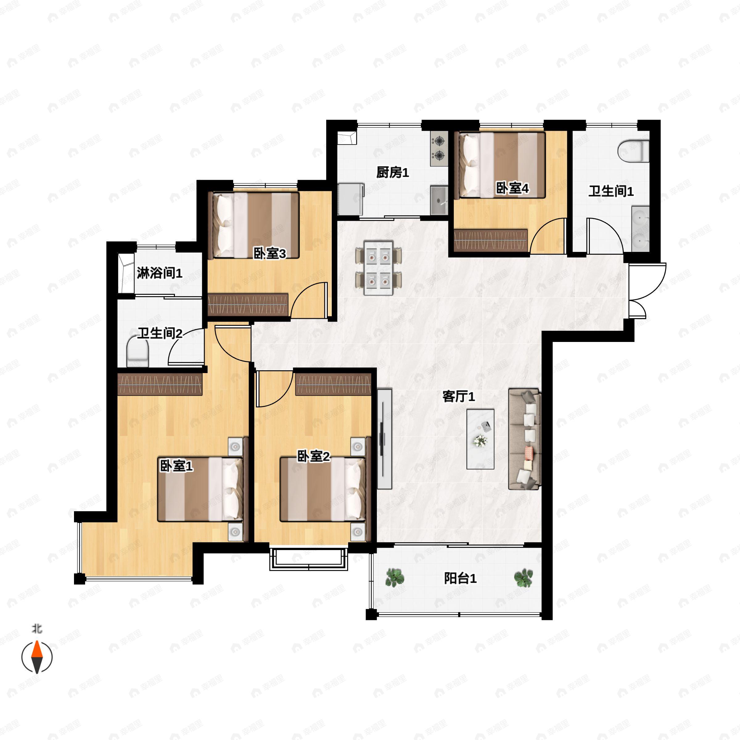 3室2厅2卫建面136平南|北户型图