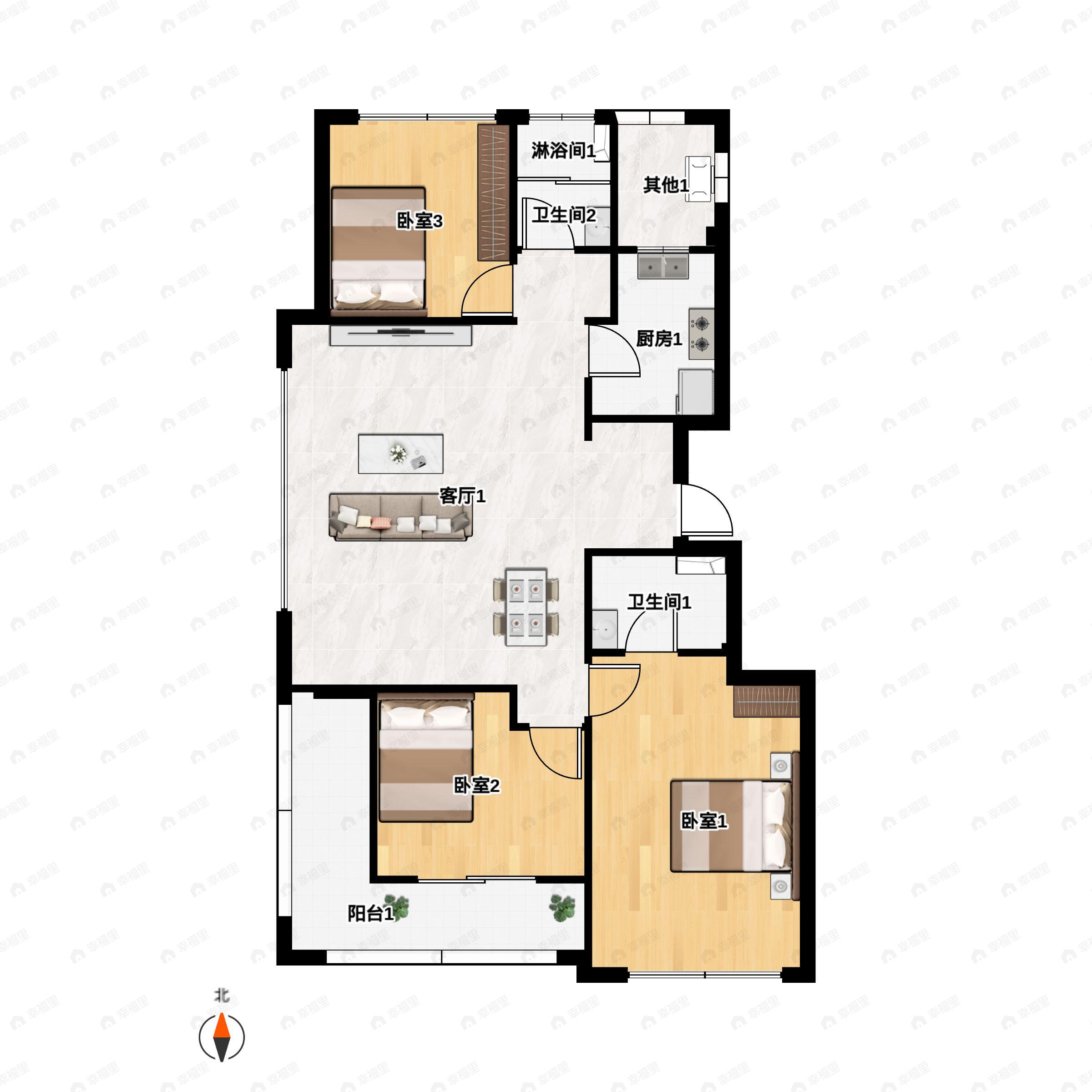 3室2厅2卫建面112m²北|南户型图