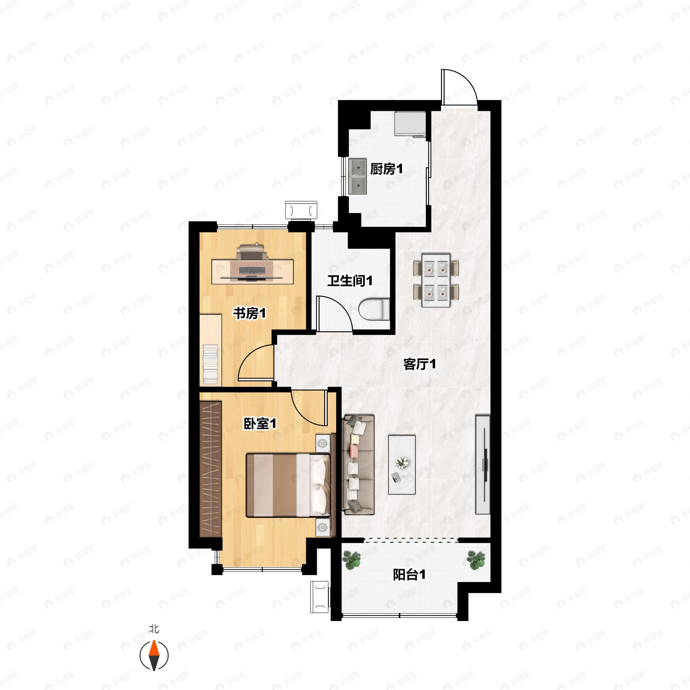 2室2厅1卫建面79m²南户型图