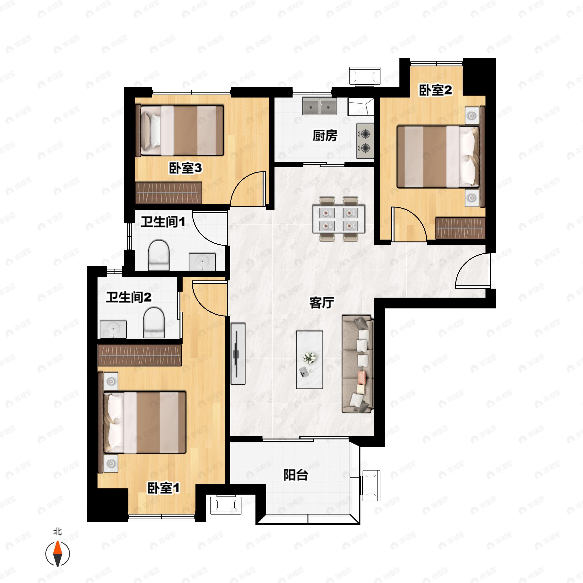 3室2厅2卫建面91平户型图