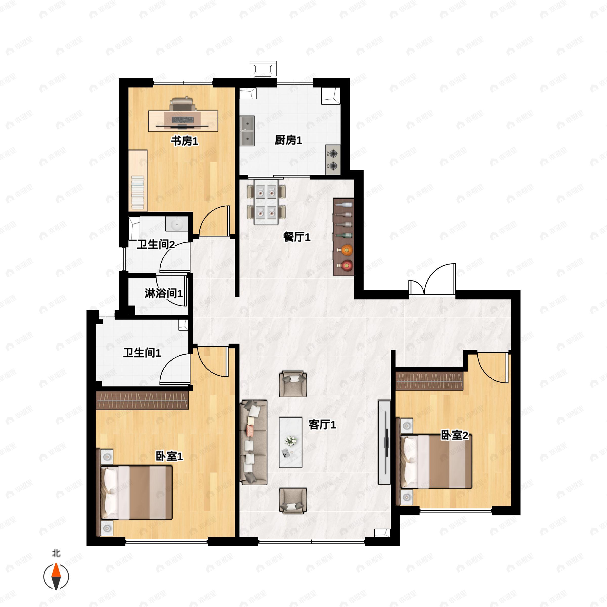 3室2厅2卫建面118m²南户型图