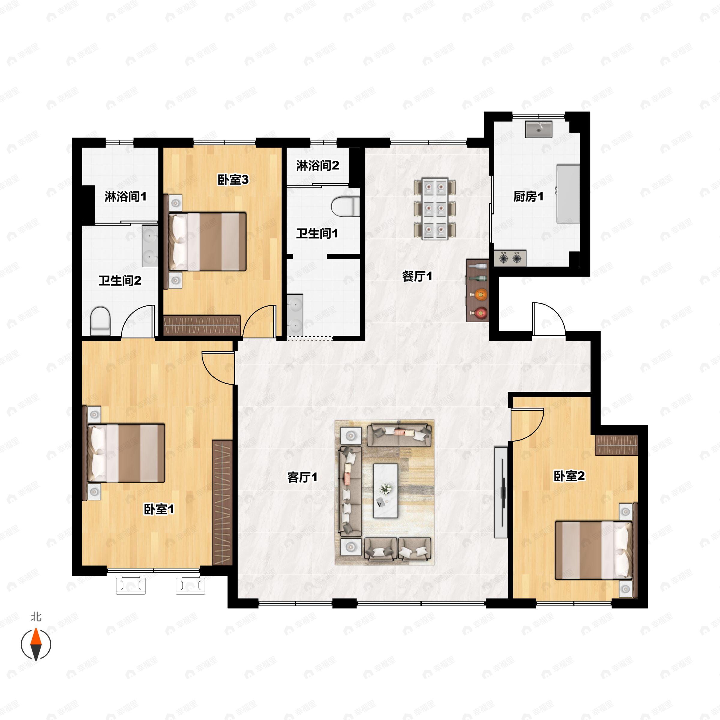 3室2厅2卫建面134平南户型图