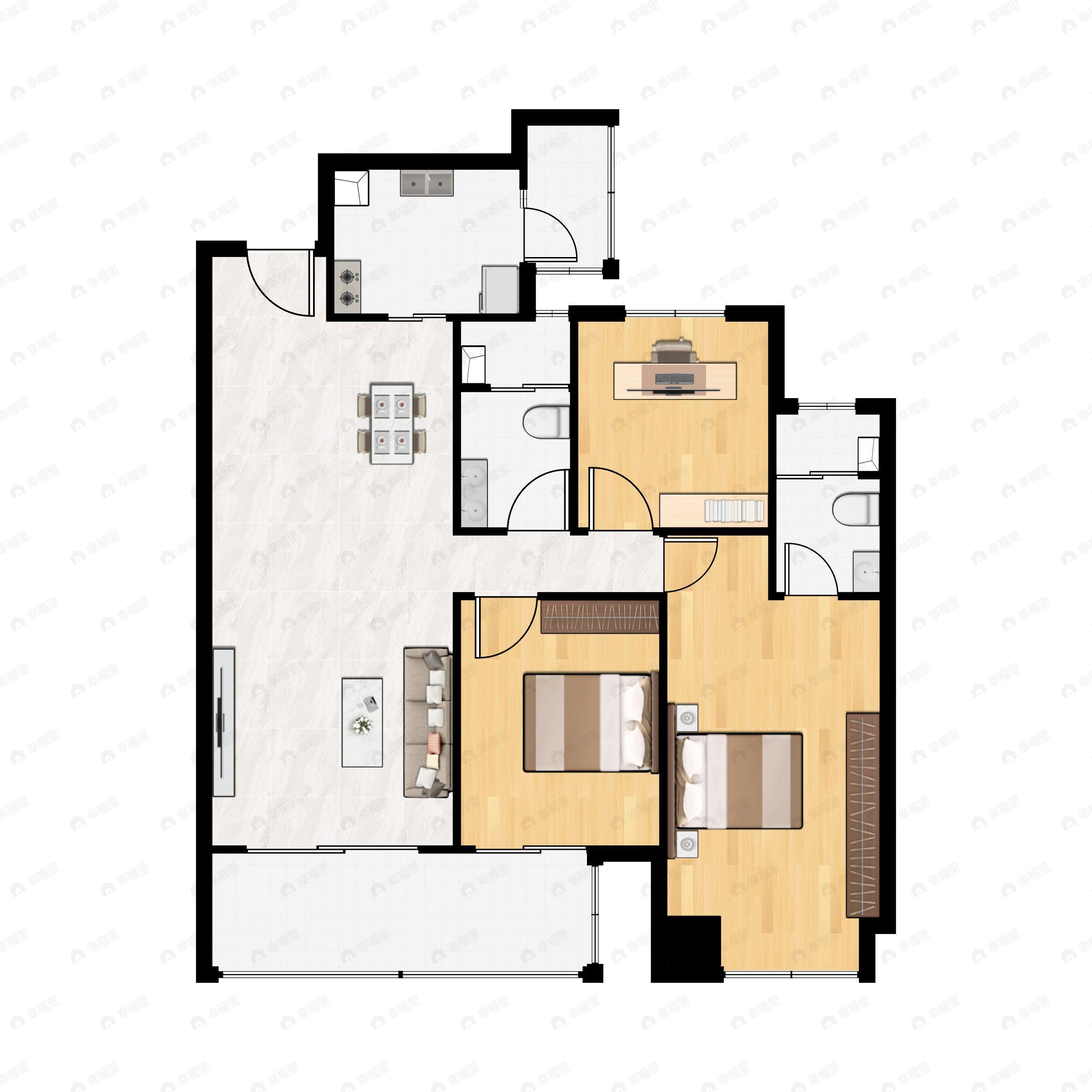 3室2厅2卫建面123m²南户型图