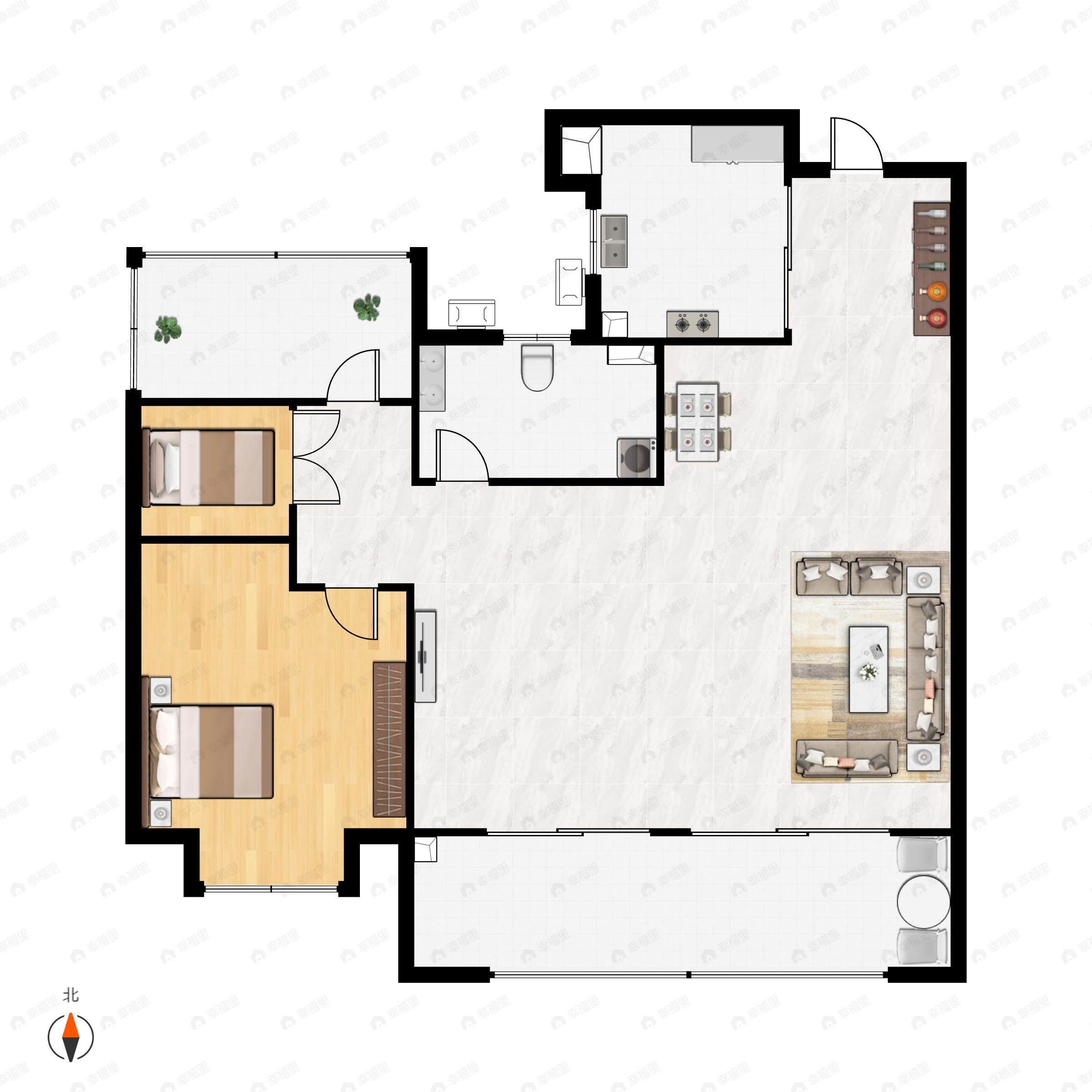3室2厅1卫建面92m²南|北户型图