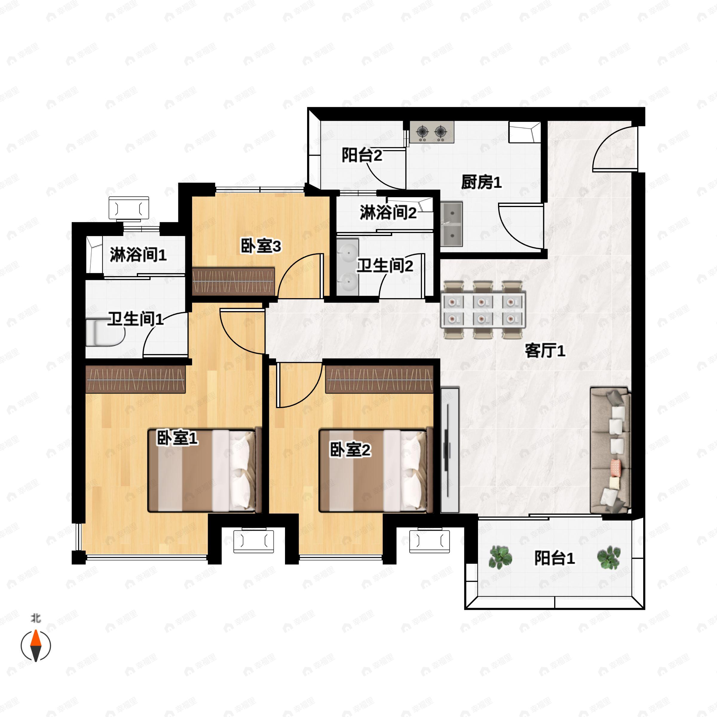 3室2厅2卫建面93平户型图