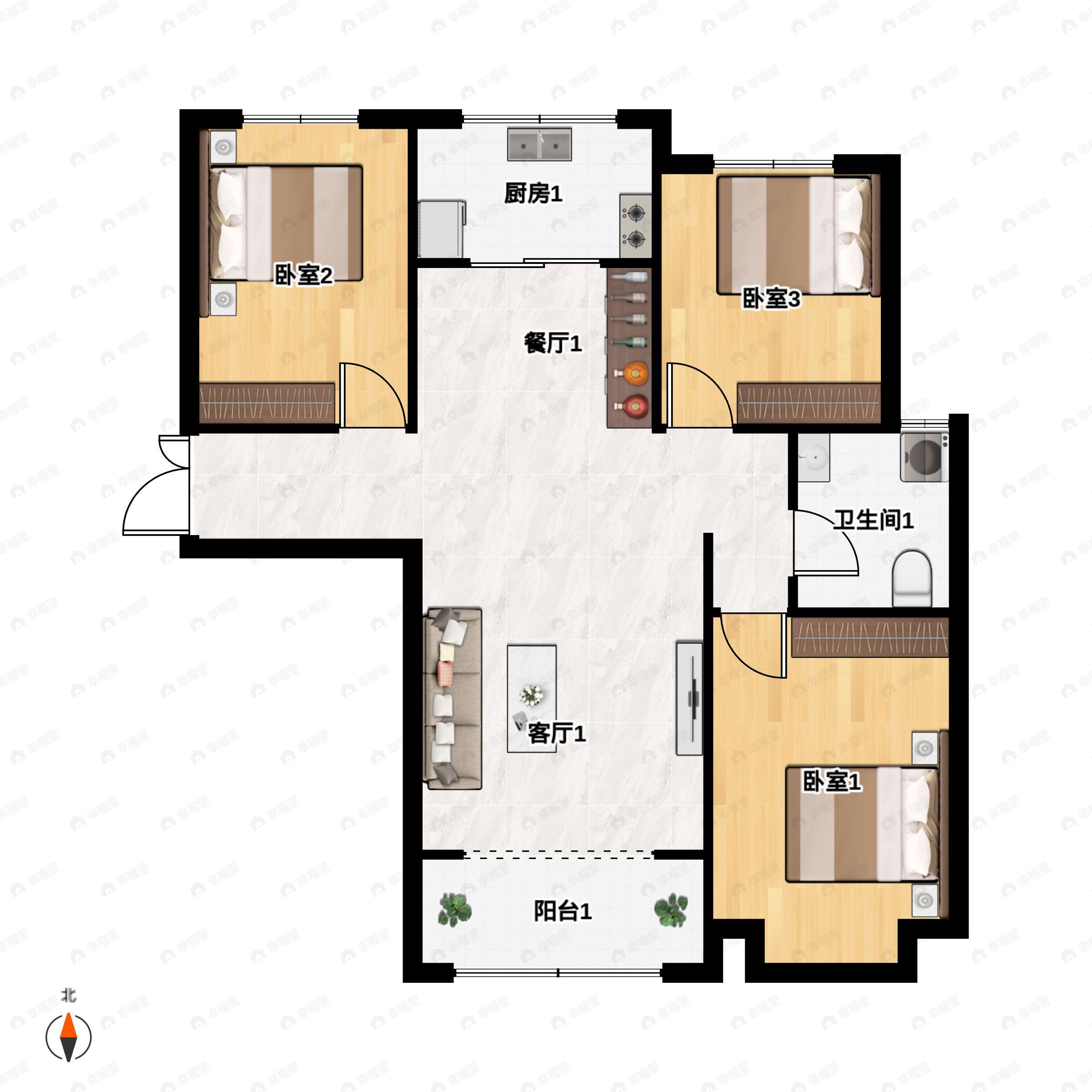 3室2厅1卫建面119平南|北户型图