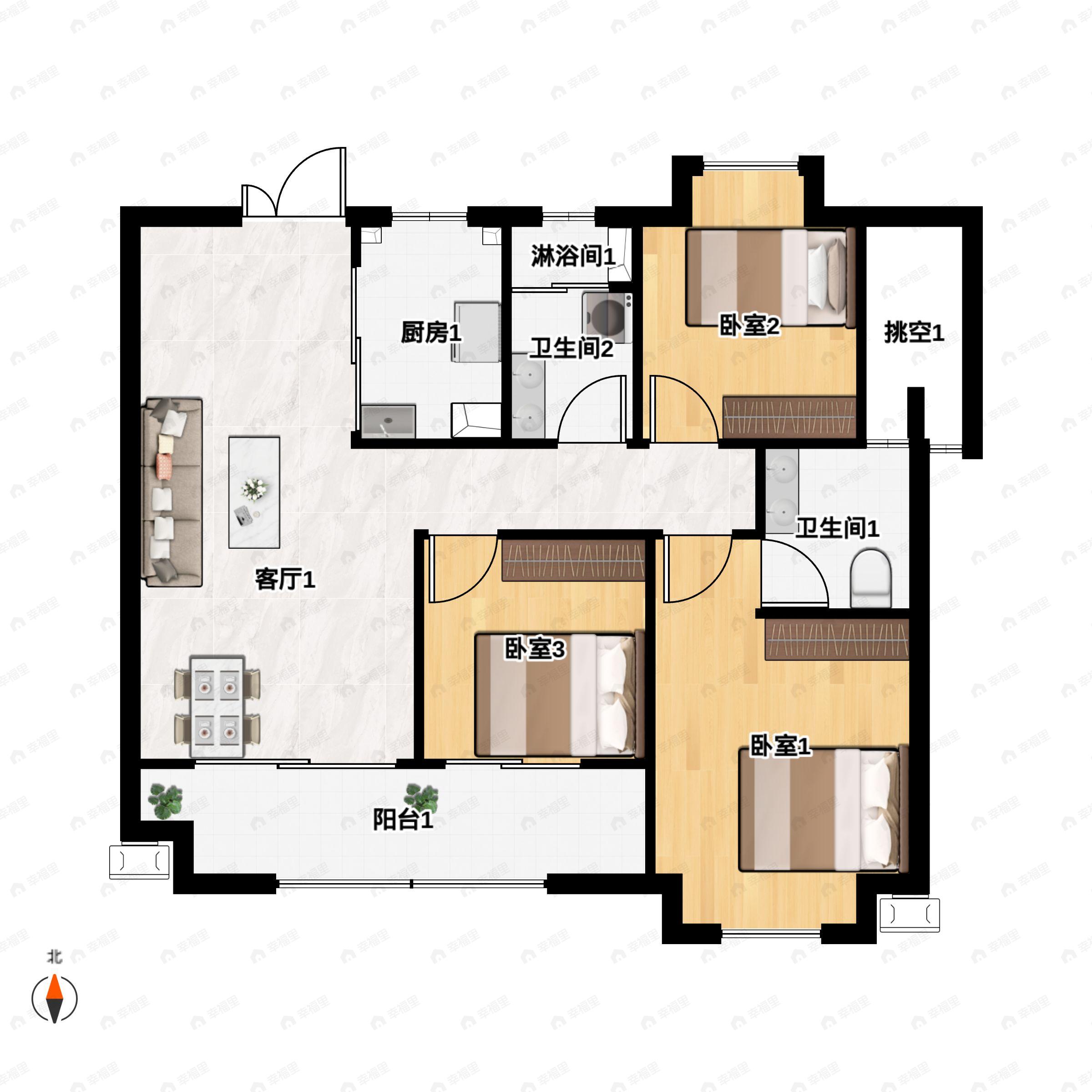 3室2厅2卫建面106m²户型图