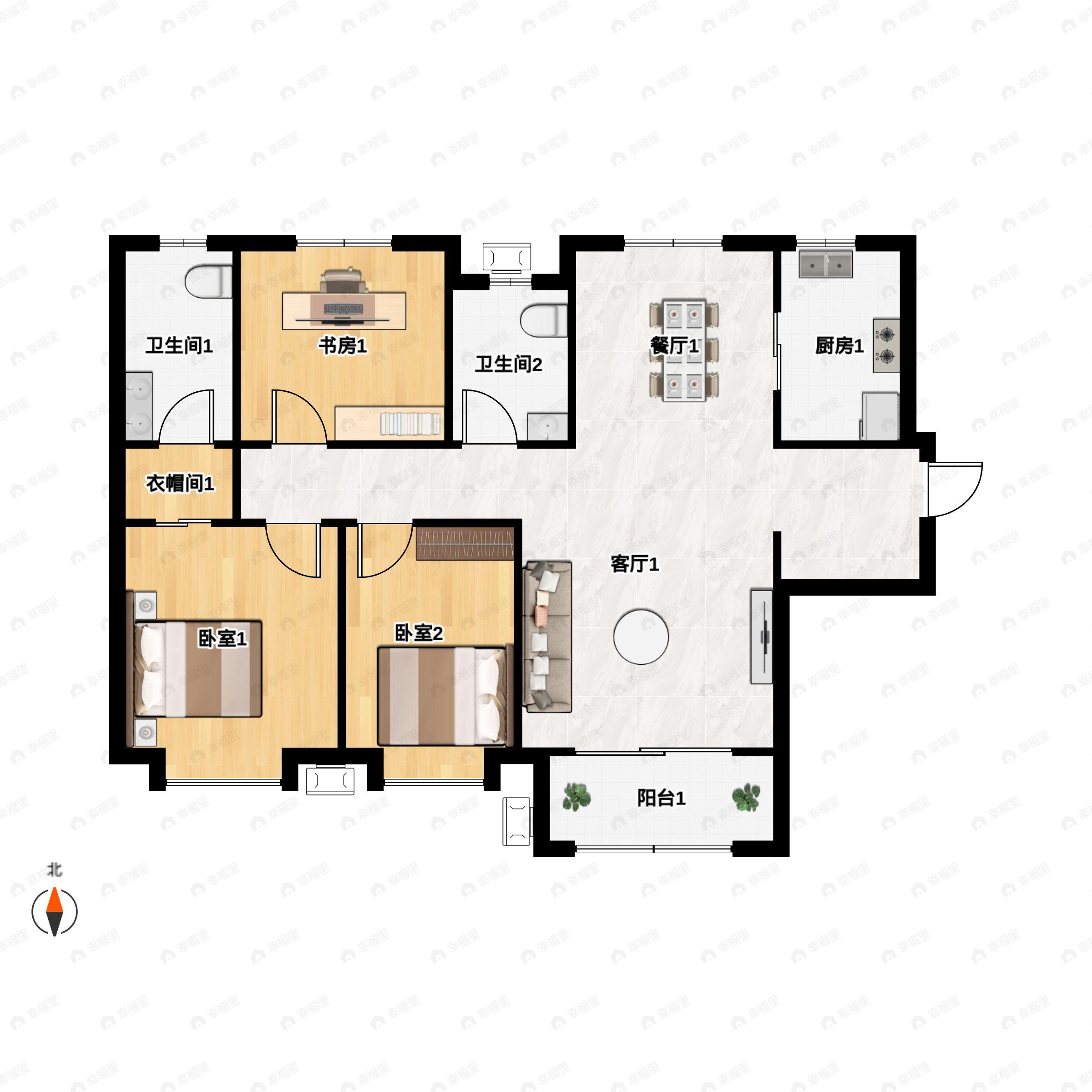 3室2厅2卫建面116m²北|南户型图