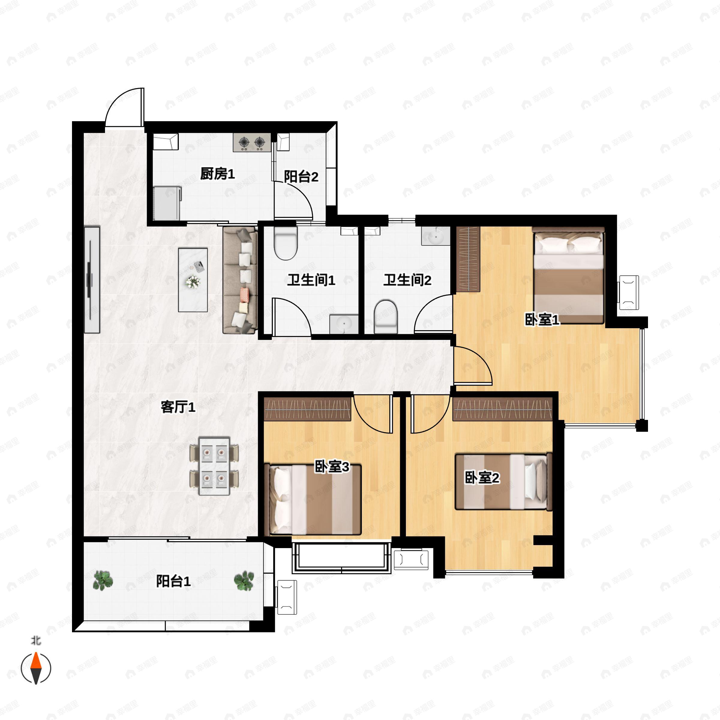 3室2厅2卫建面109平南户型图