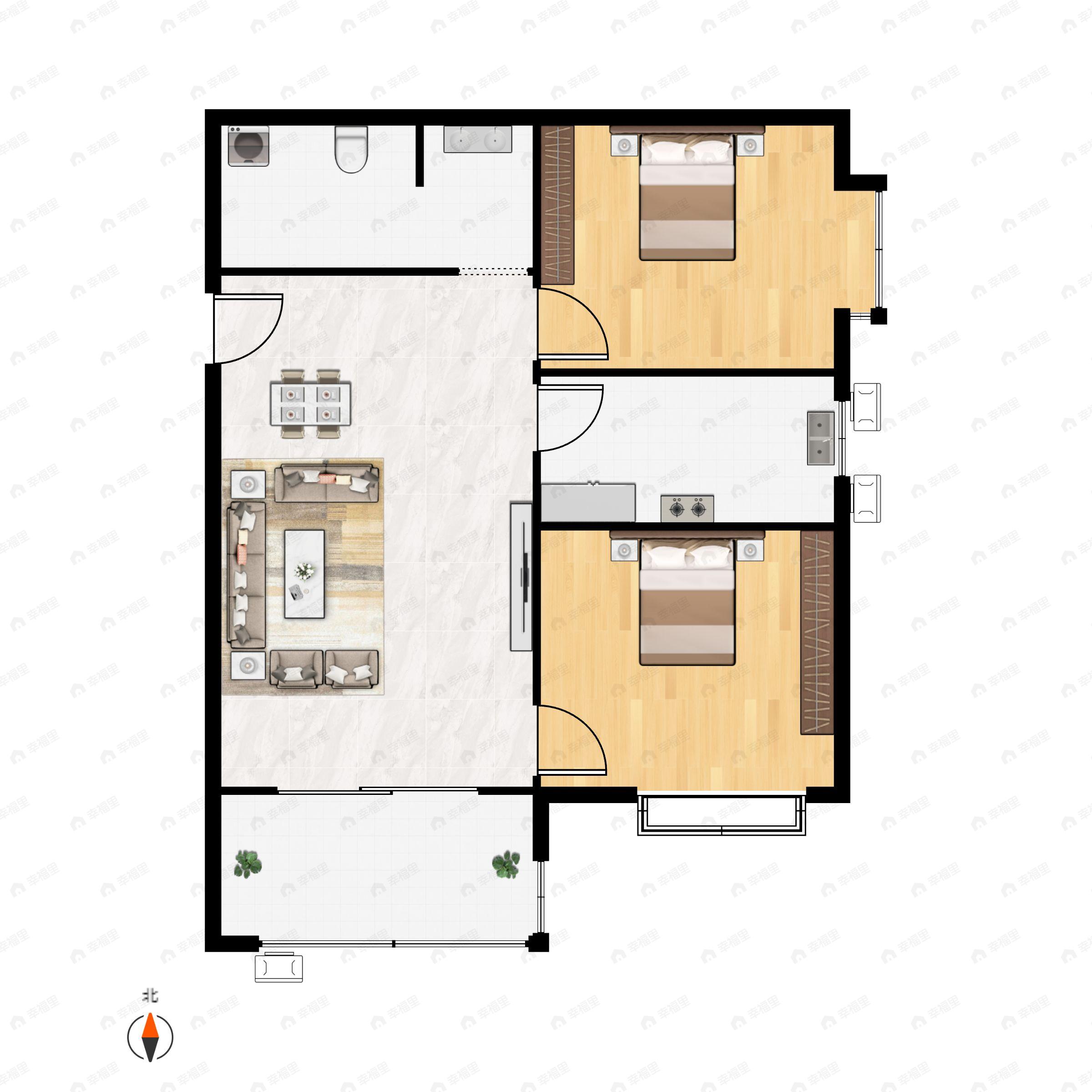 2室2厅1卫建面85m²南户型图