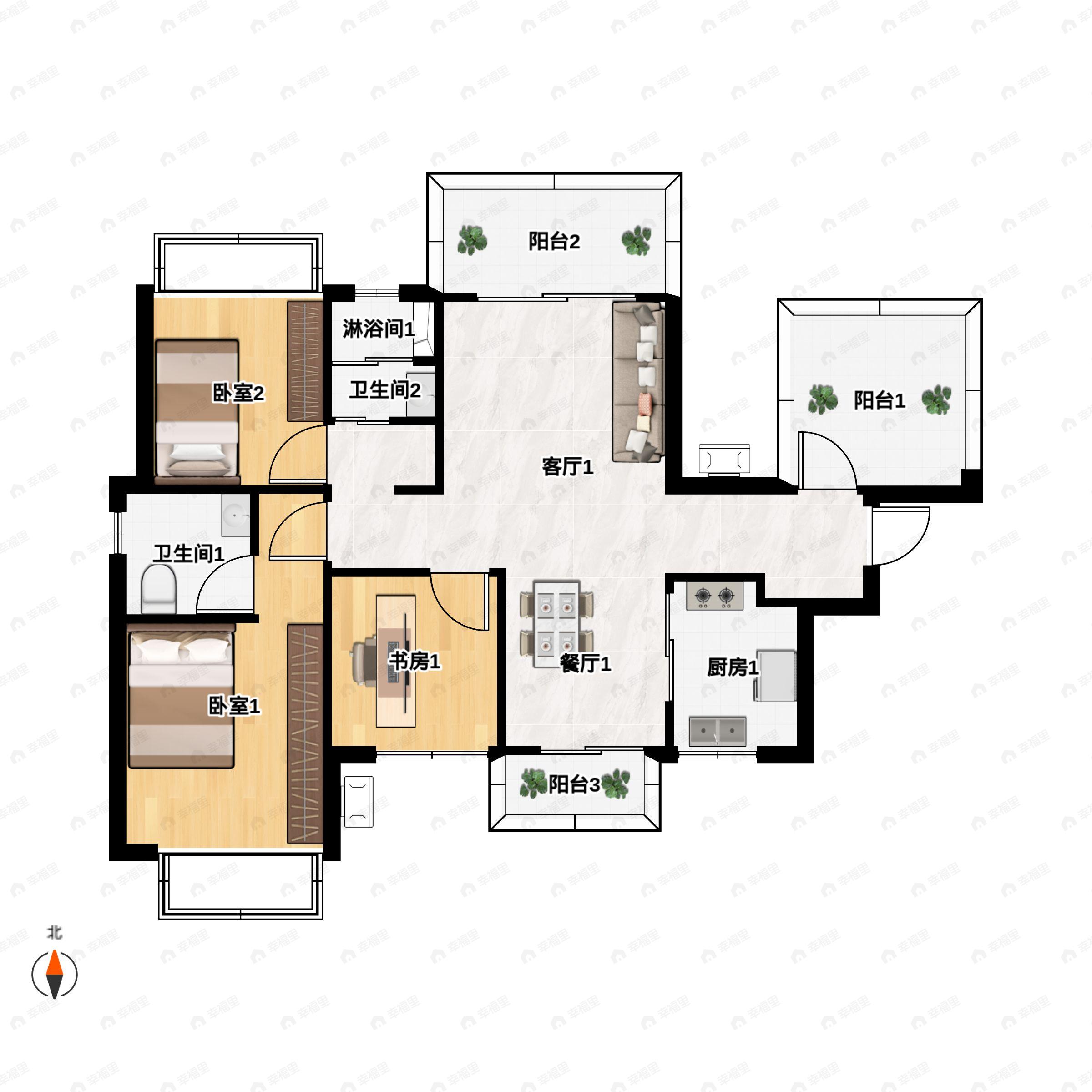 3室2厅2卫建面93平南|北户型图