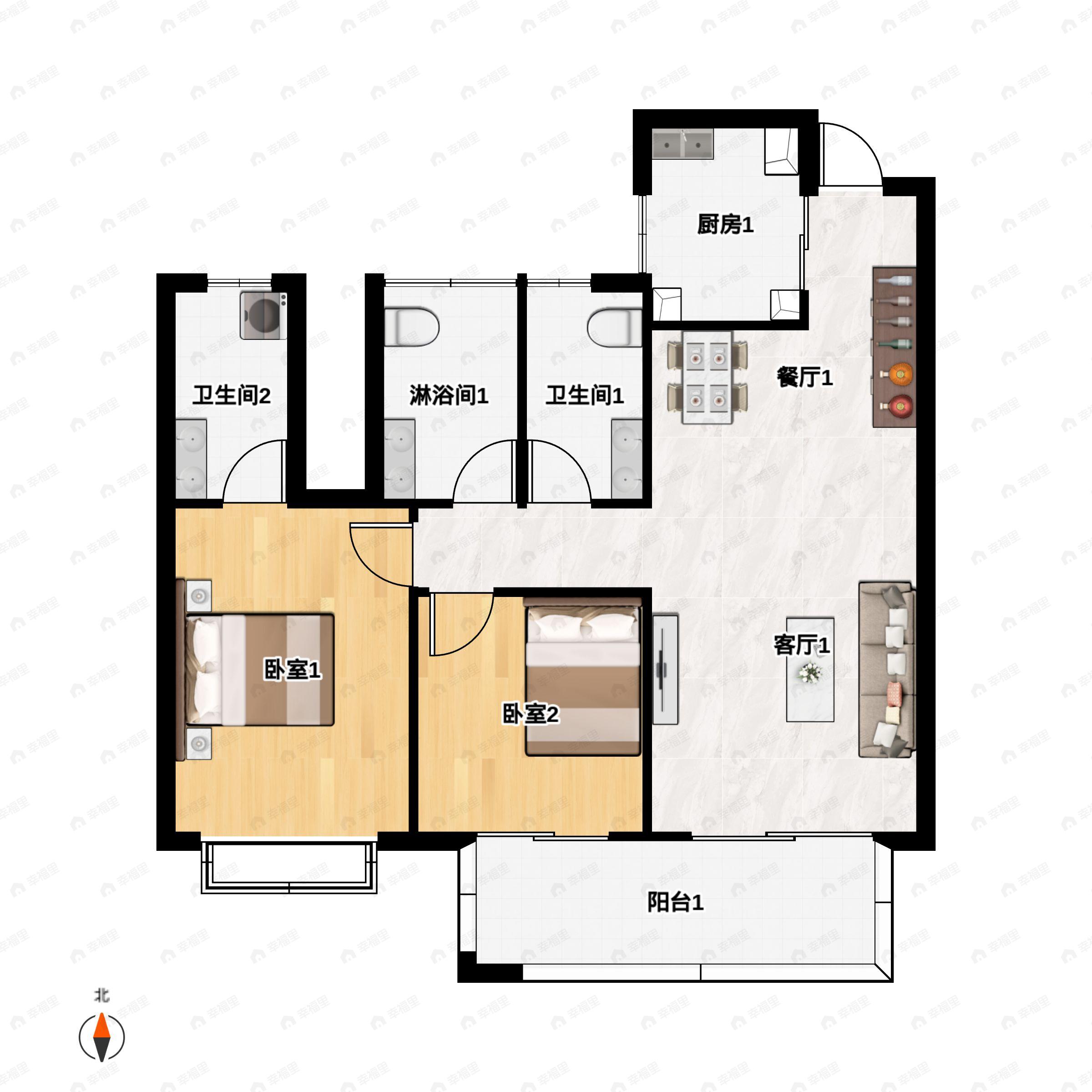 3室2厅2卫建面108平户型图