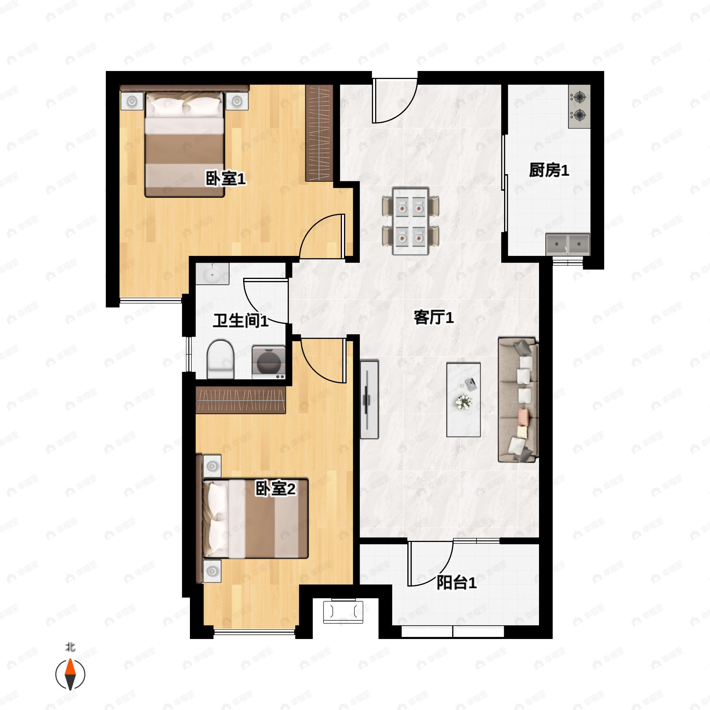 2室2厅1卫建面83m²户型图