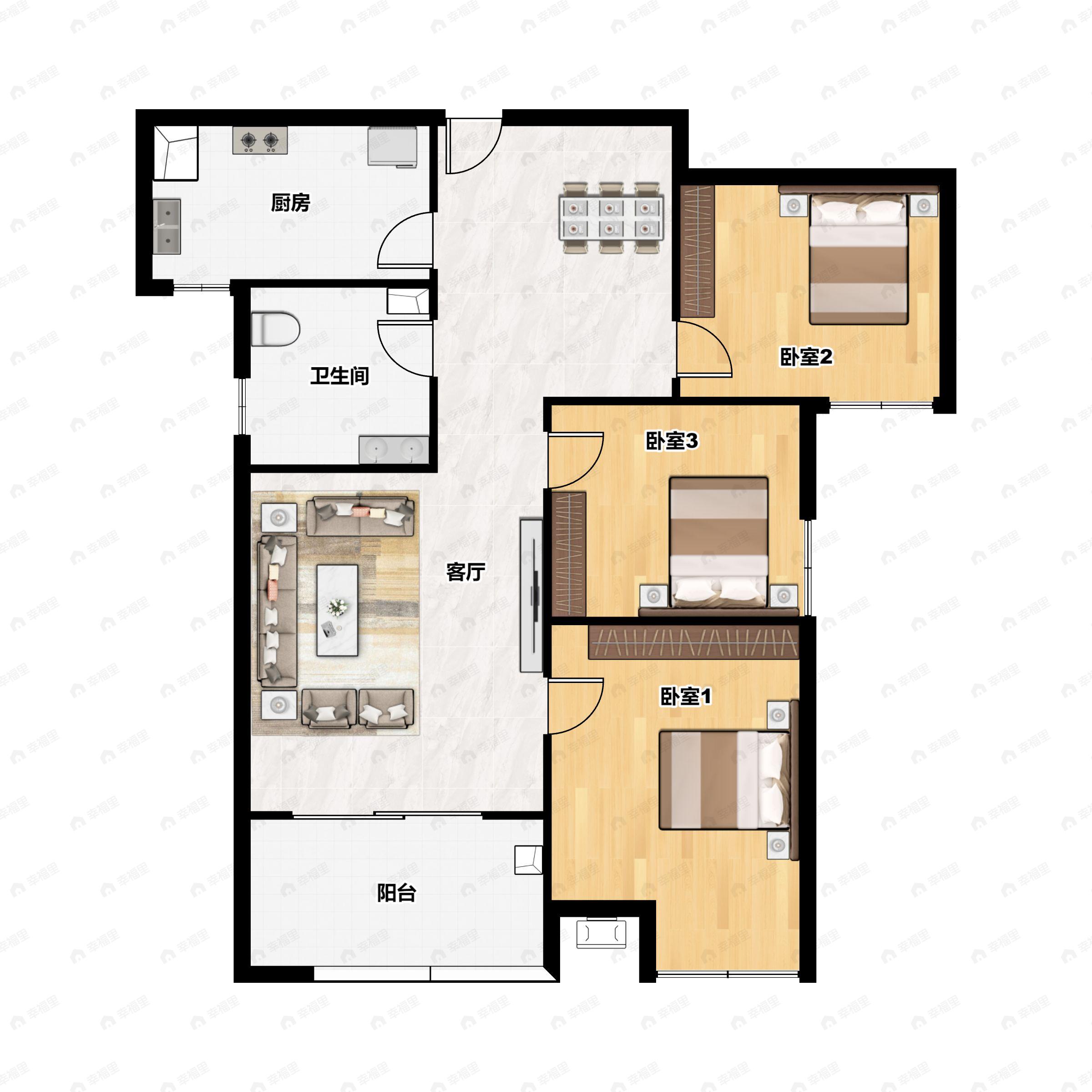 3室2厅1卫建面101平户型图