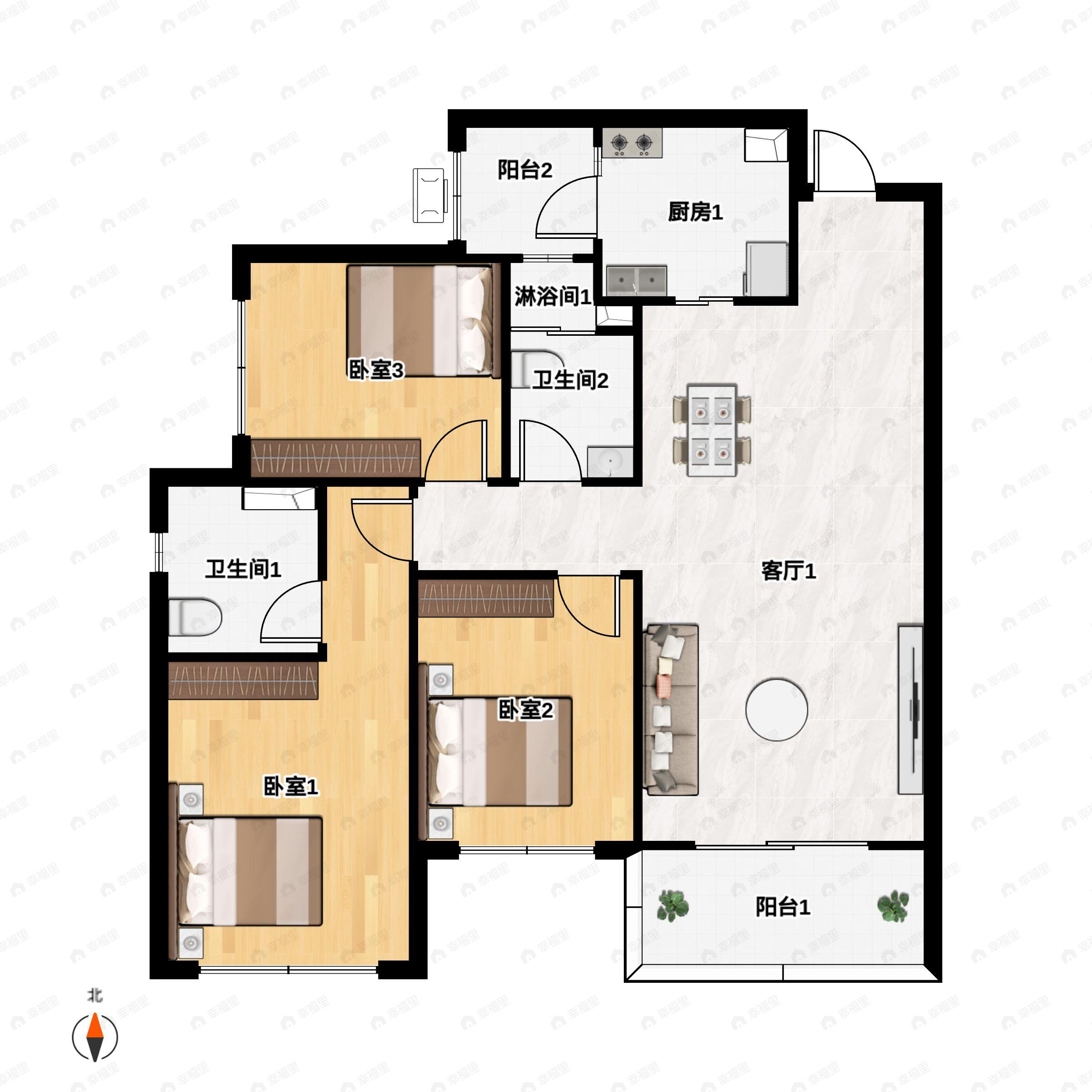 3室2厅2卫建面113平户型图