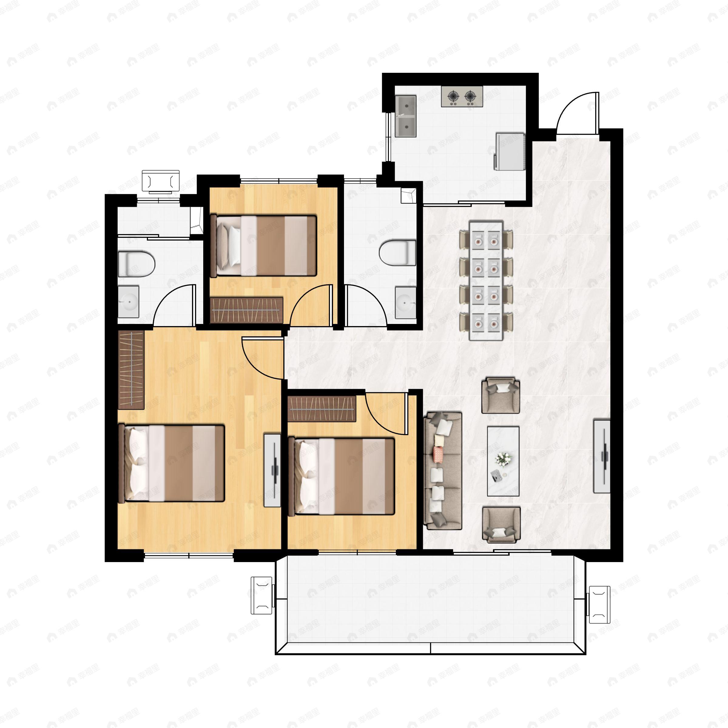 3室2厅2卫建面106m²南户型图