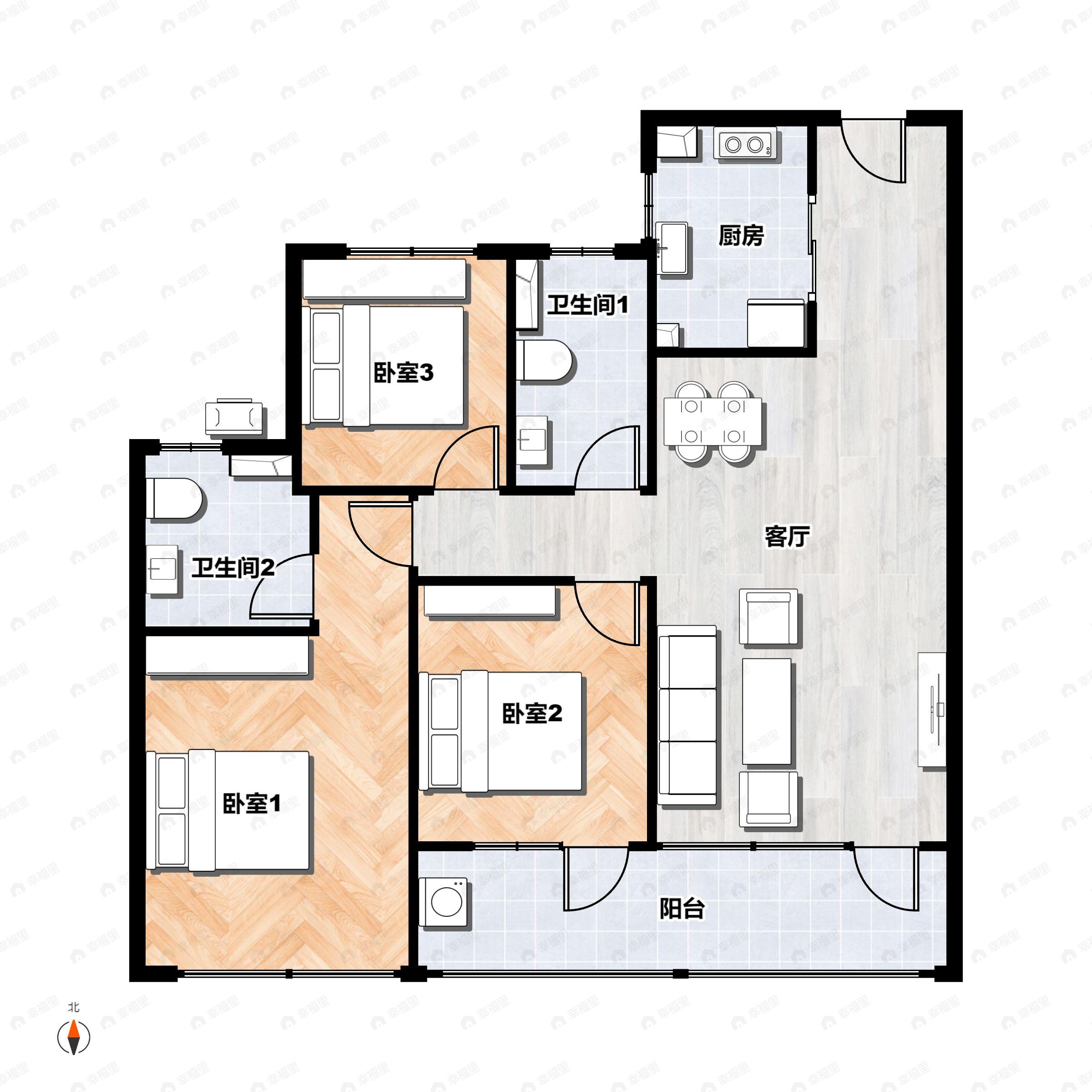 3室2厅2卫建面106平户型图