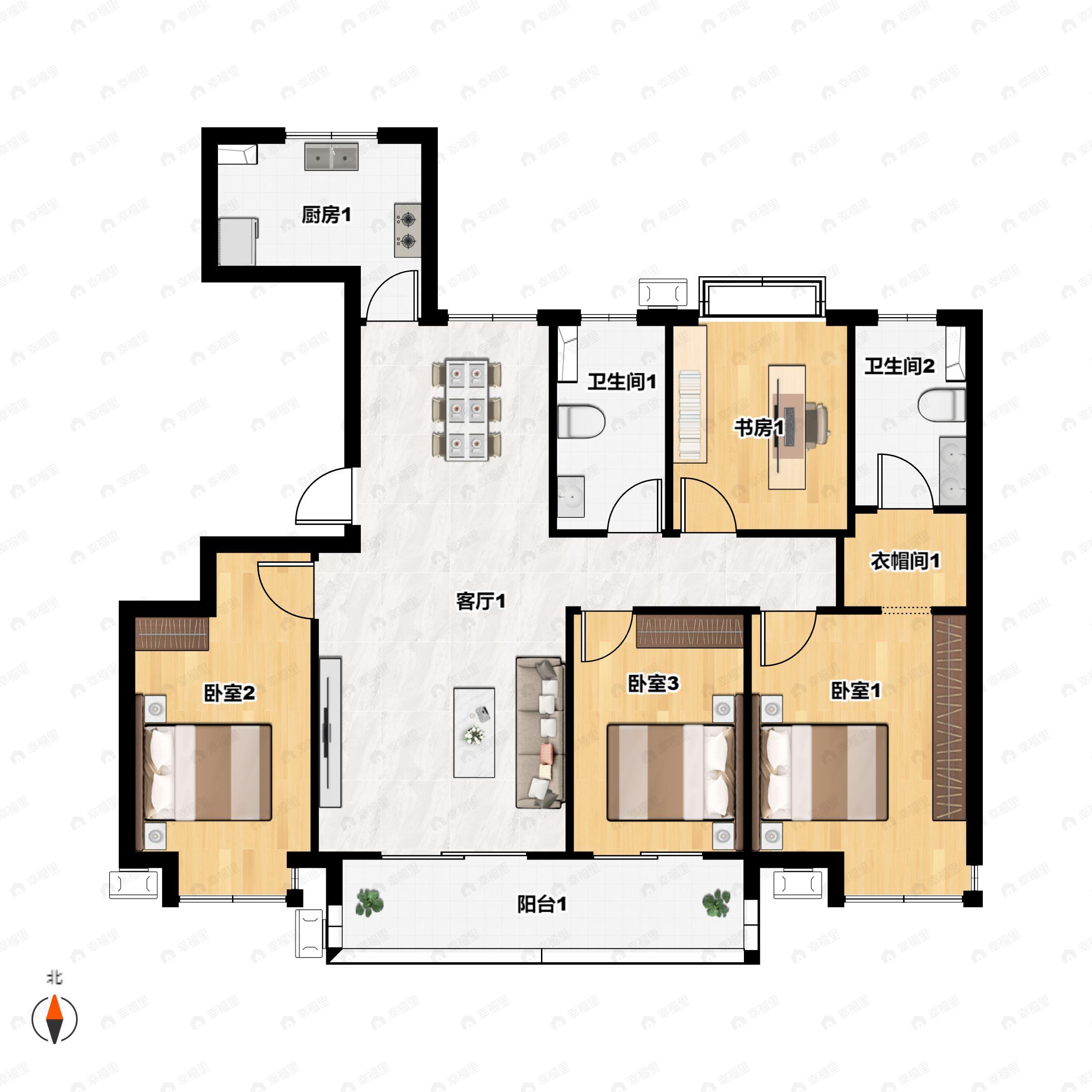 4室2厅2卫建面142平南户型图