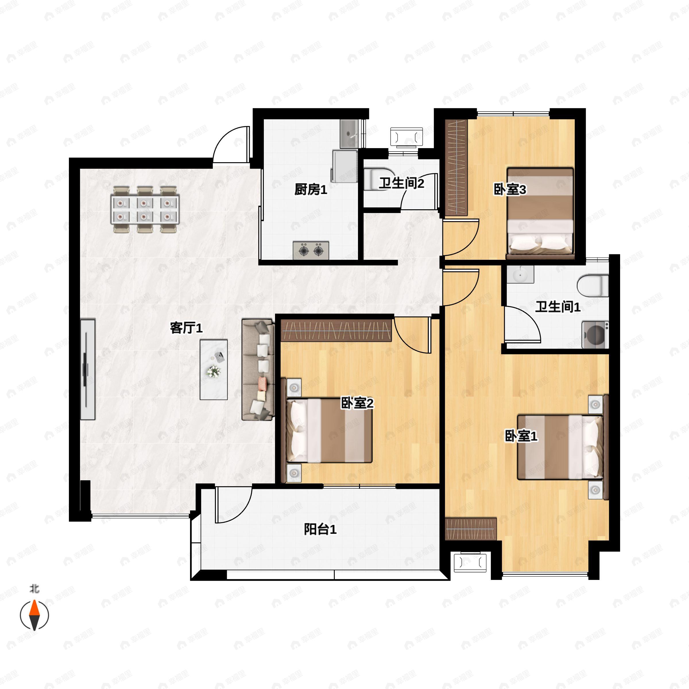 3室2厅2卫建面110m²南户型图