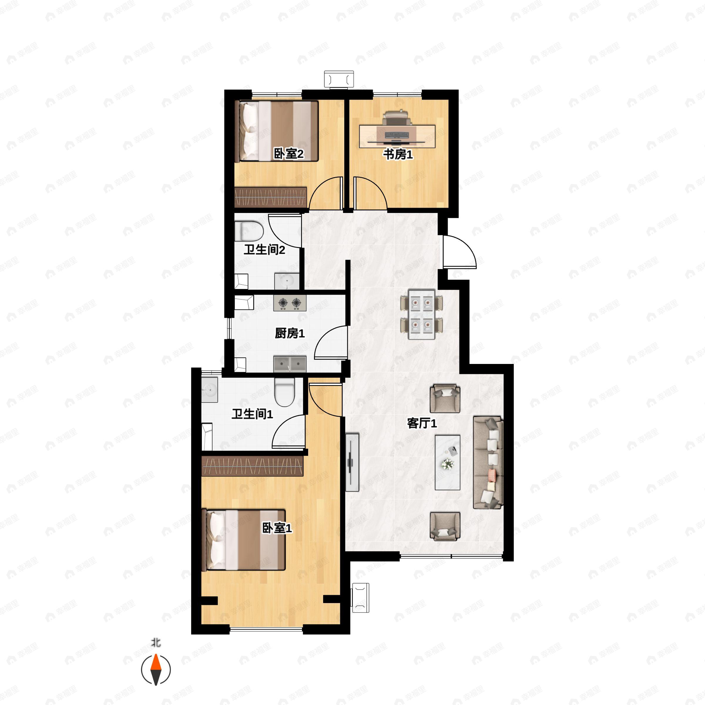 3室2厅2卫建面93平北|南户型图