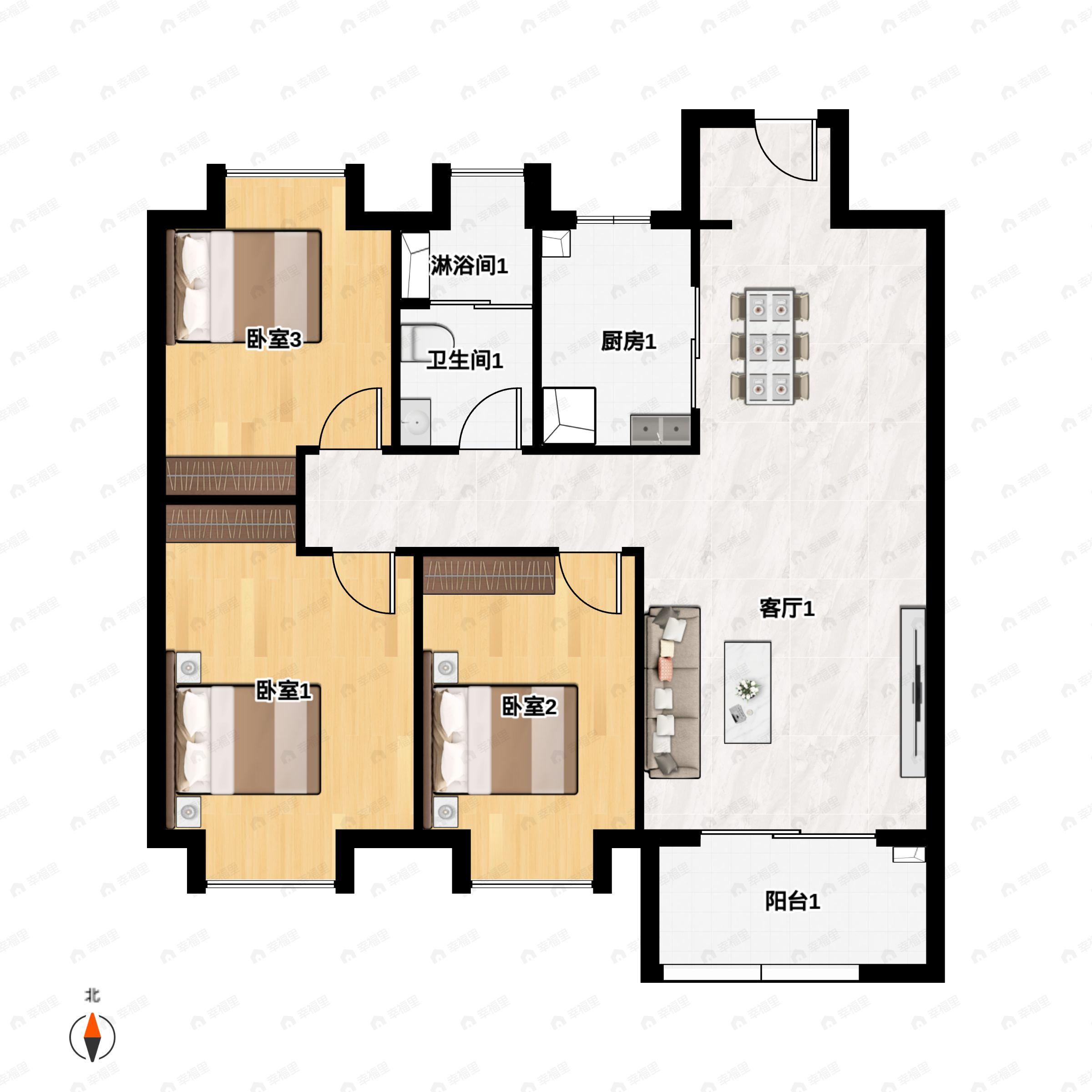 3室2厅1卫建面95平户型图
