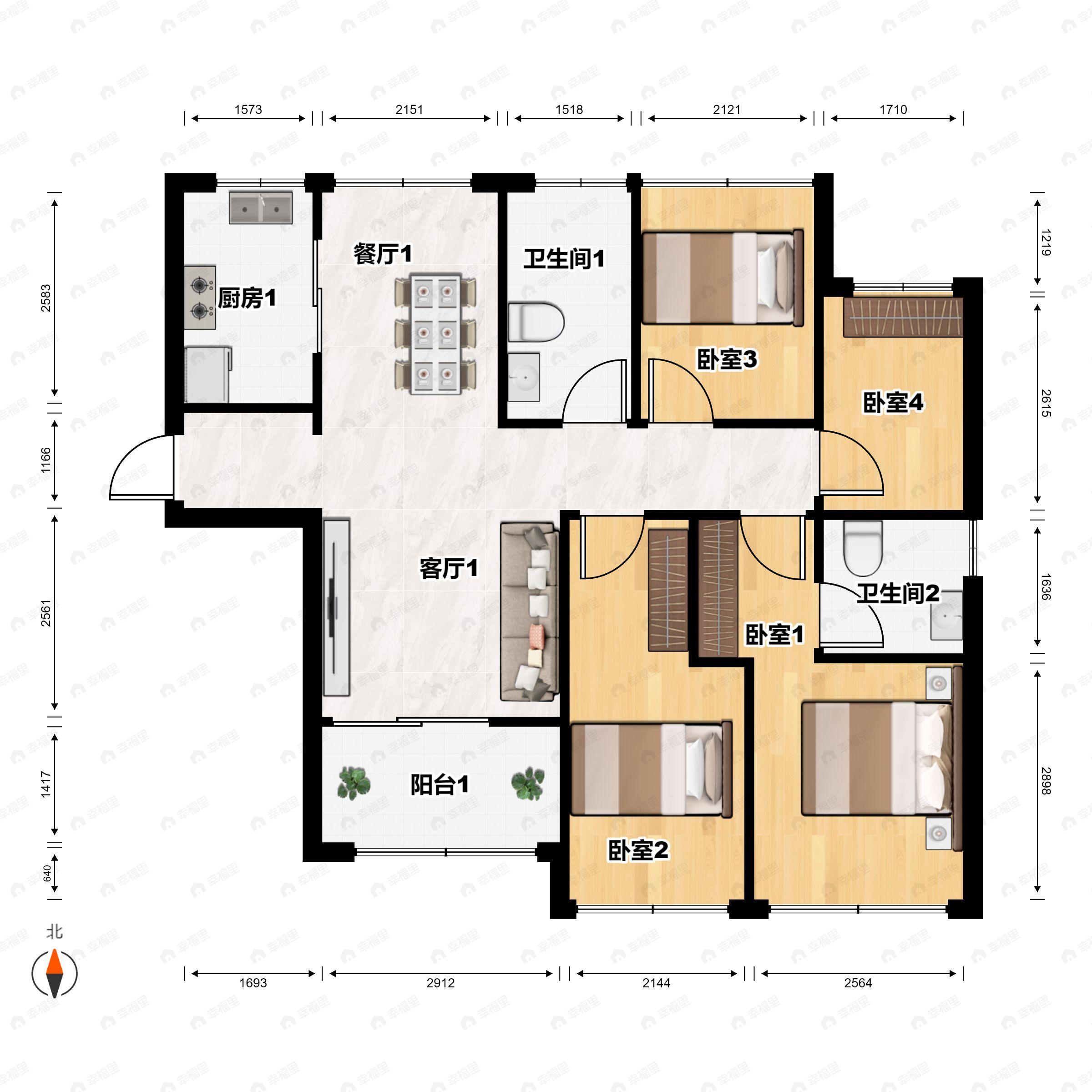 4室2厅2卫建面113平南户型图