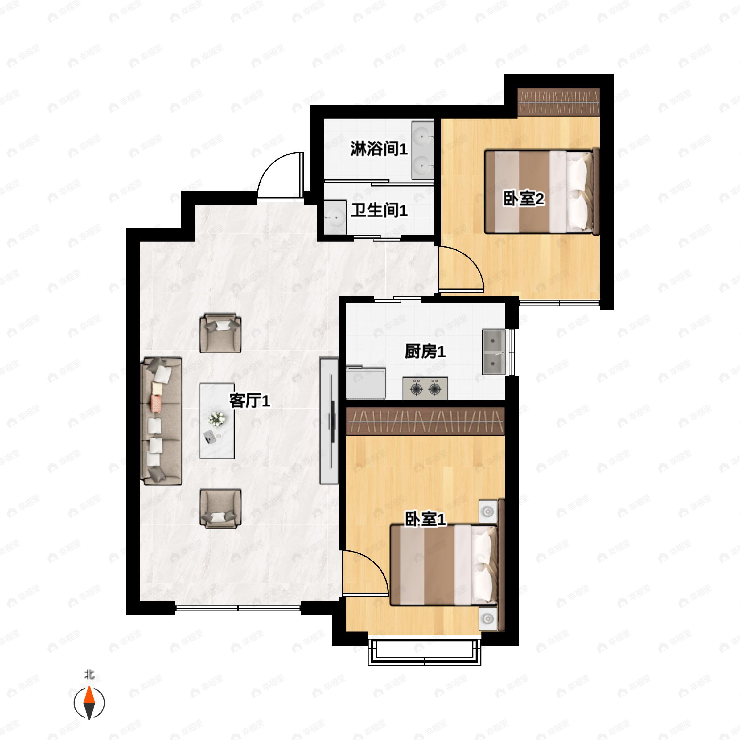 2室2厅1卫建面93m²南户型图