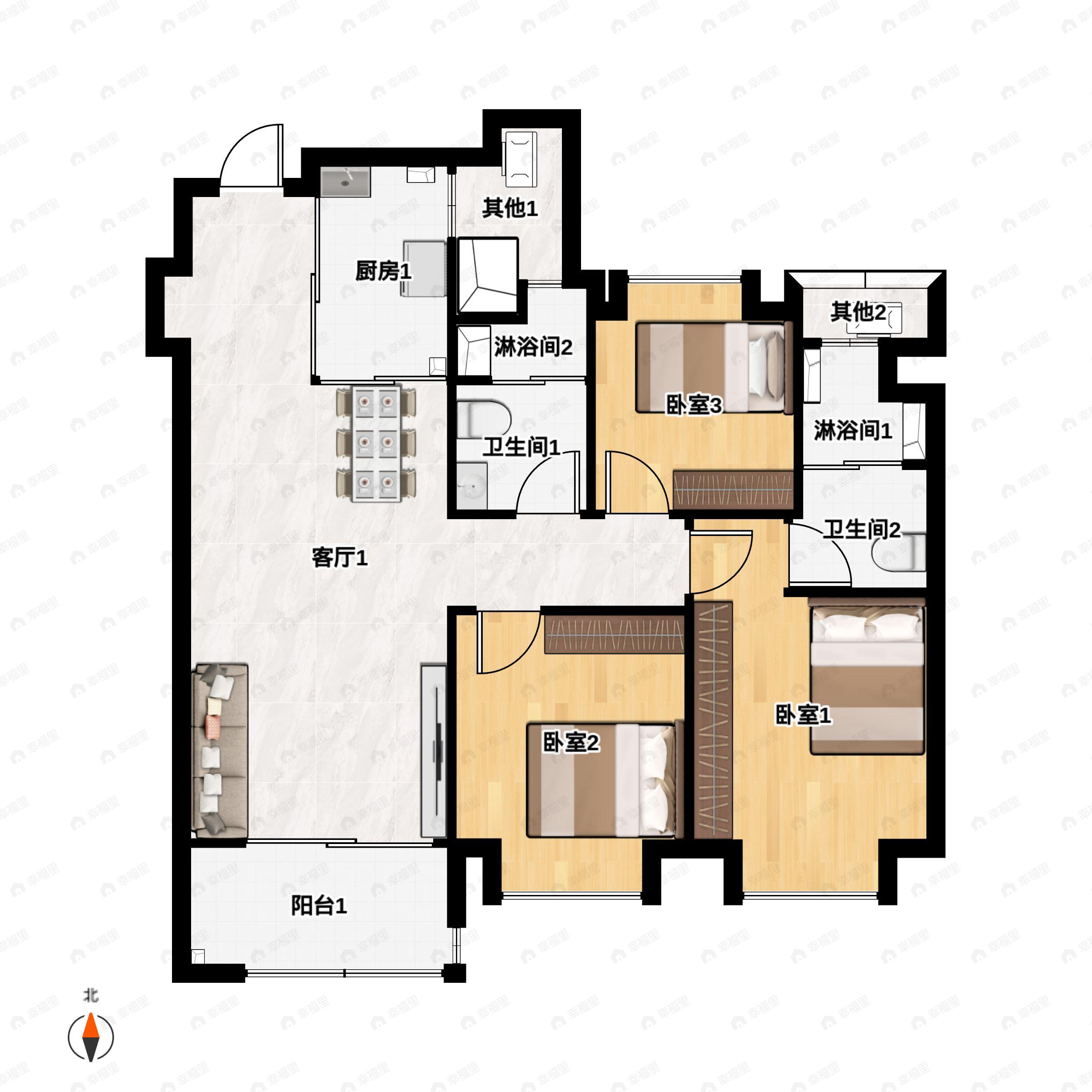 3室2厅2卫建面100平户型图