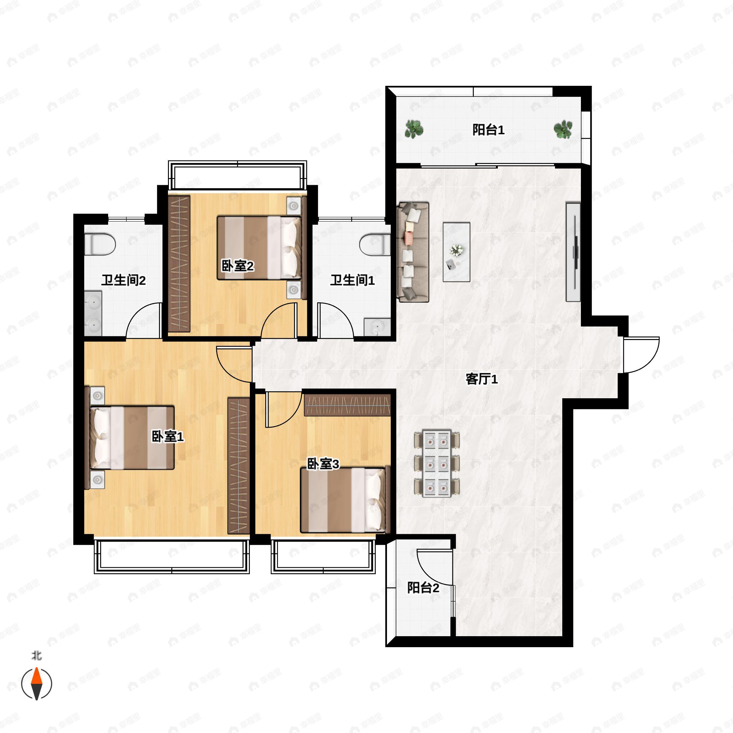 3室2厅2卫建面111m²东|西户型图