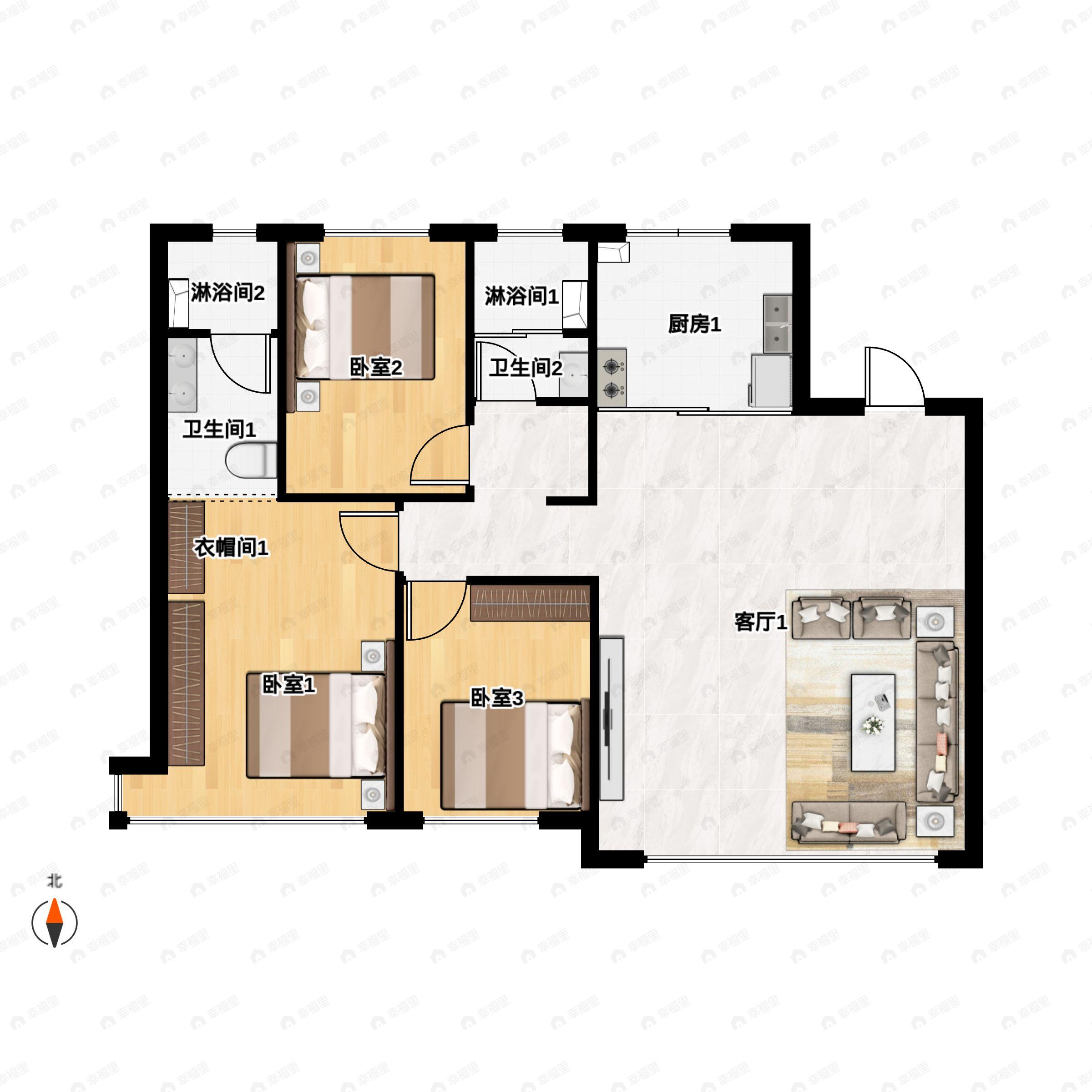 3室2厅2卫建面123平南|北户型图