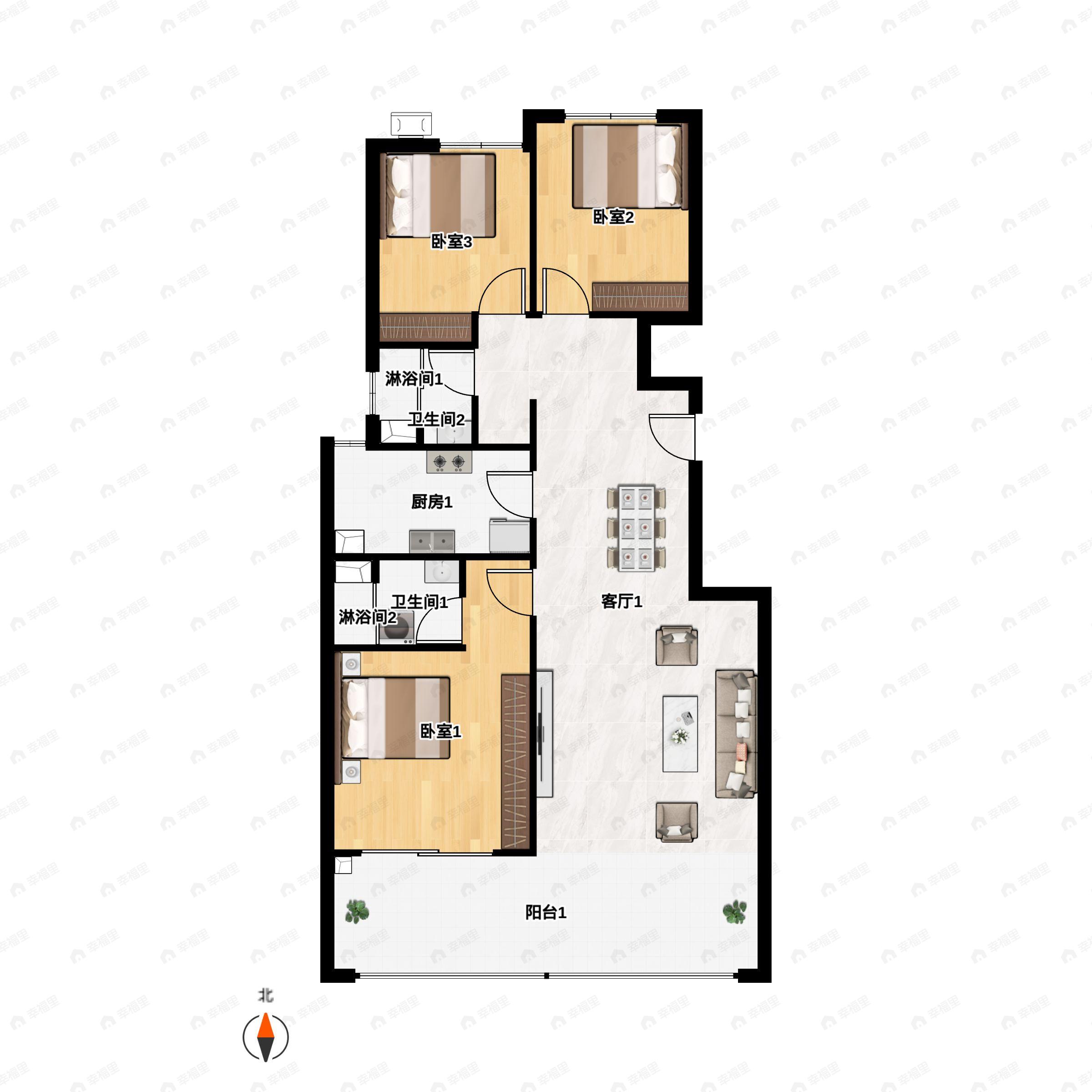 3室2厅2卫建面128m²北|南户型图