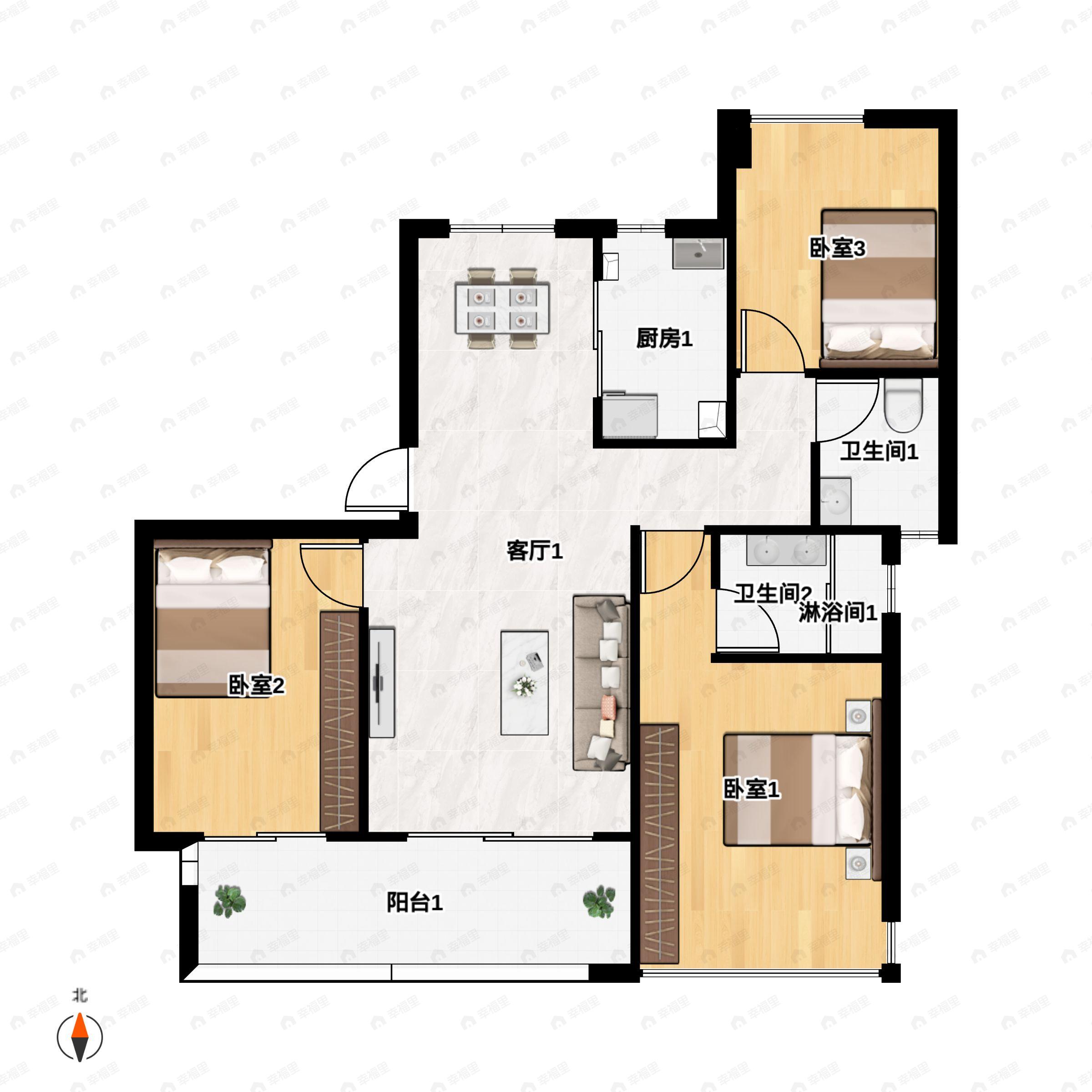 3室2厅2卫建面115m²南户型图